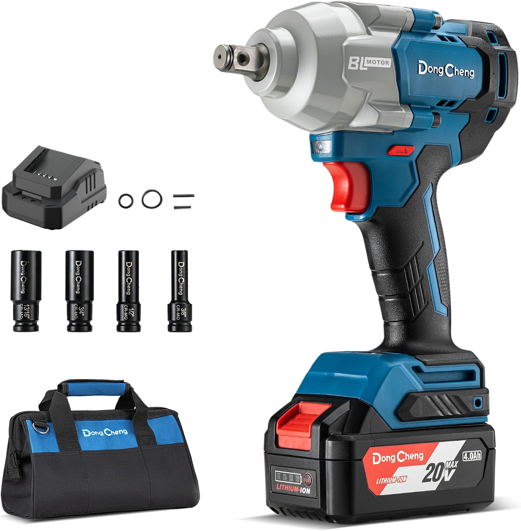 Dong Cheng 20V Brushless Impact Wrench, 515 ft-lbs High Torque, 1/2 inch 4-Speed Cordless Impact Gun with Tool Bag, Easily Removes Bolts on Cars, Trucks, and Tractors, Includes 4.0Ah Battery & Charger