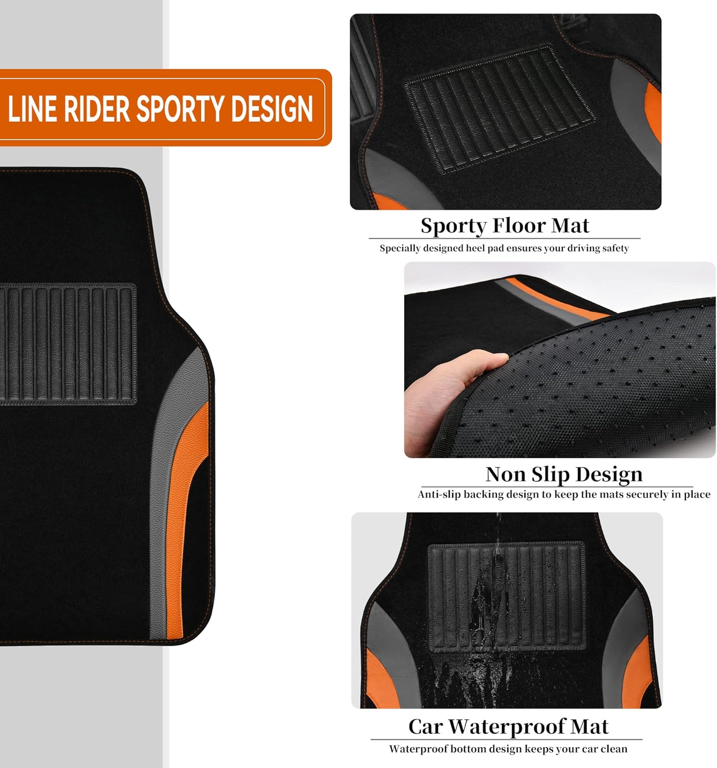 CAR PASS Leather Sporty Car Floor Mats Carpet, Universal Waterproof Automotive Floor Mat Fit for Sedans, Cars, Mid Trucks, Vans, SUV, Set of 4 (Black and Orange) - Image 3