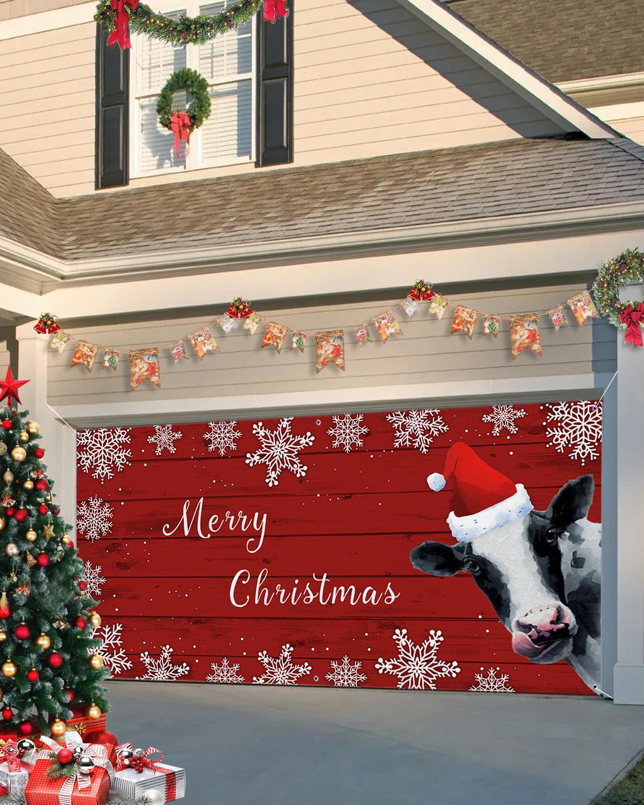 Christmas Garage Door Cover, Funny Cow with Red Hat Merry Christmas Holiday Garage Door Banner Cover Mural, Large Banner Backdrop Wall Decor Garage Door Decorations Party Supplies,7x16ft