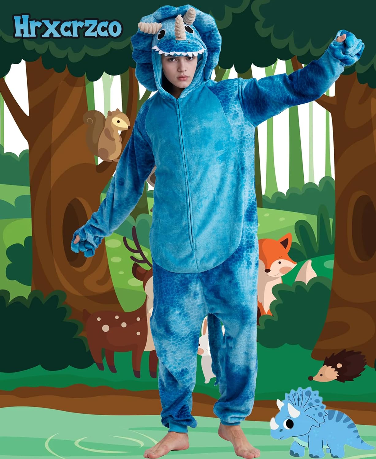 Adult Triceratops Pajamas Unisex Tie-dye Triceratops Onesie Cartoon Halloween Cosplay Hooded Zipper Costume Jumpsuit - Image 3