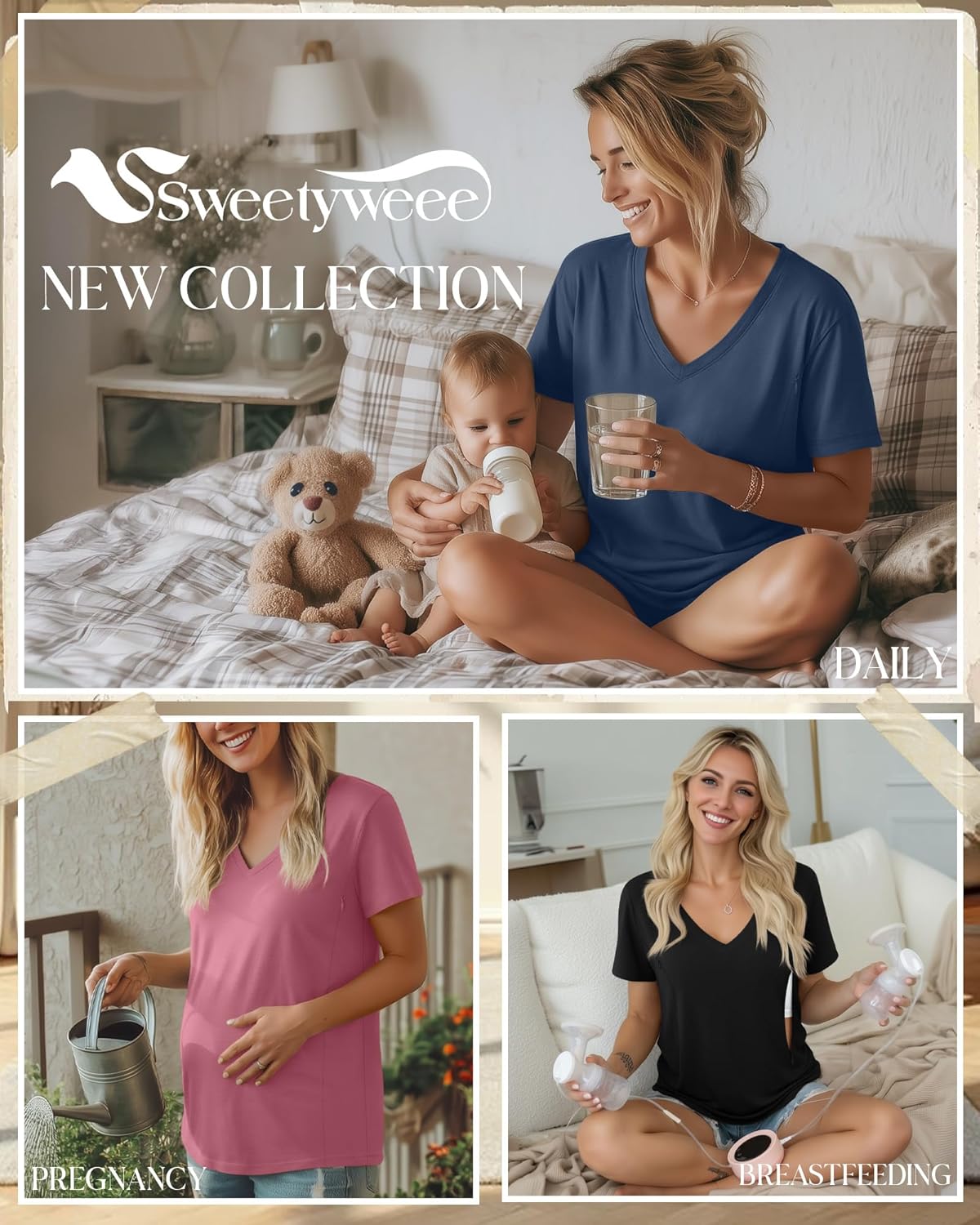 3 Pack Women's Nursing Tops, Hidden Zipper Nursing Shirts for Breastfeeding & Pumping V Neck Short Sleeve - Image 2