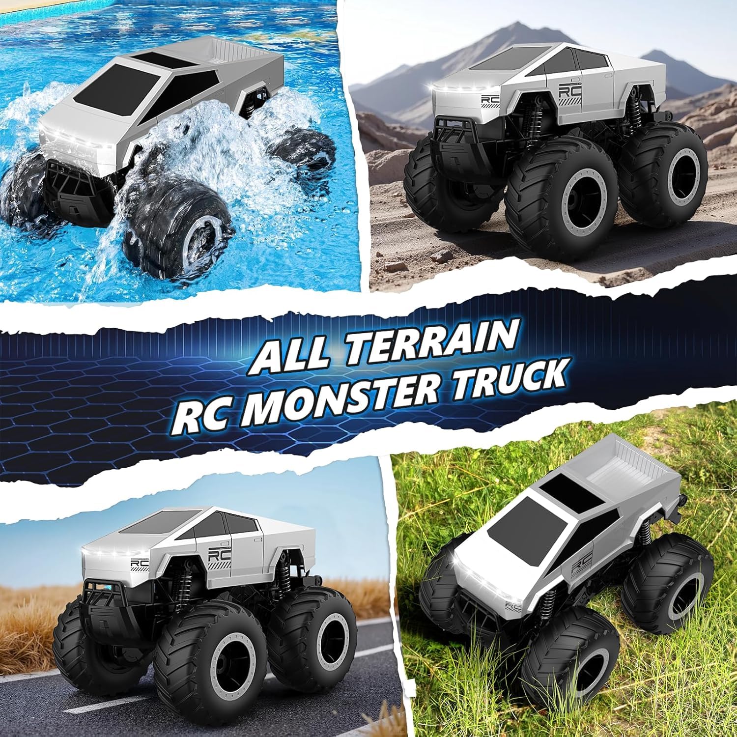 CROPDAK RC Cybertruck Toy Remote Control Car Off-Road Pick-Up Truck Waterproof RC Monster Truck 4Wd All Terrain Off Road 2.4Ghz RC Cars Gifts for Boys/Girls Ages 6+ 4