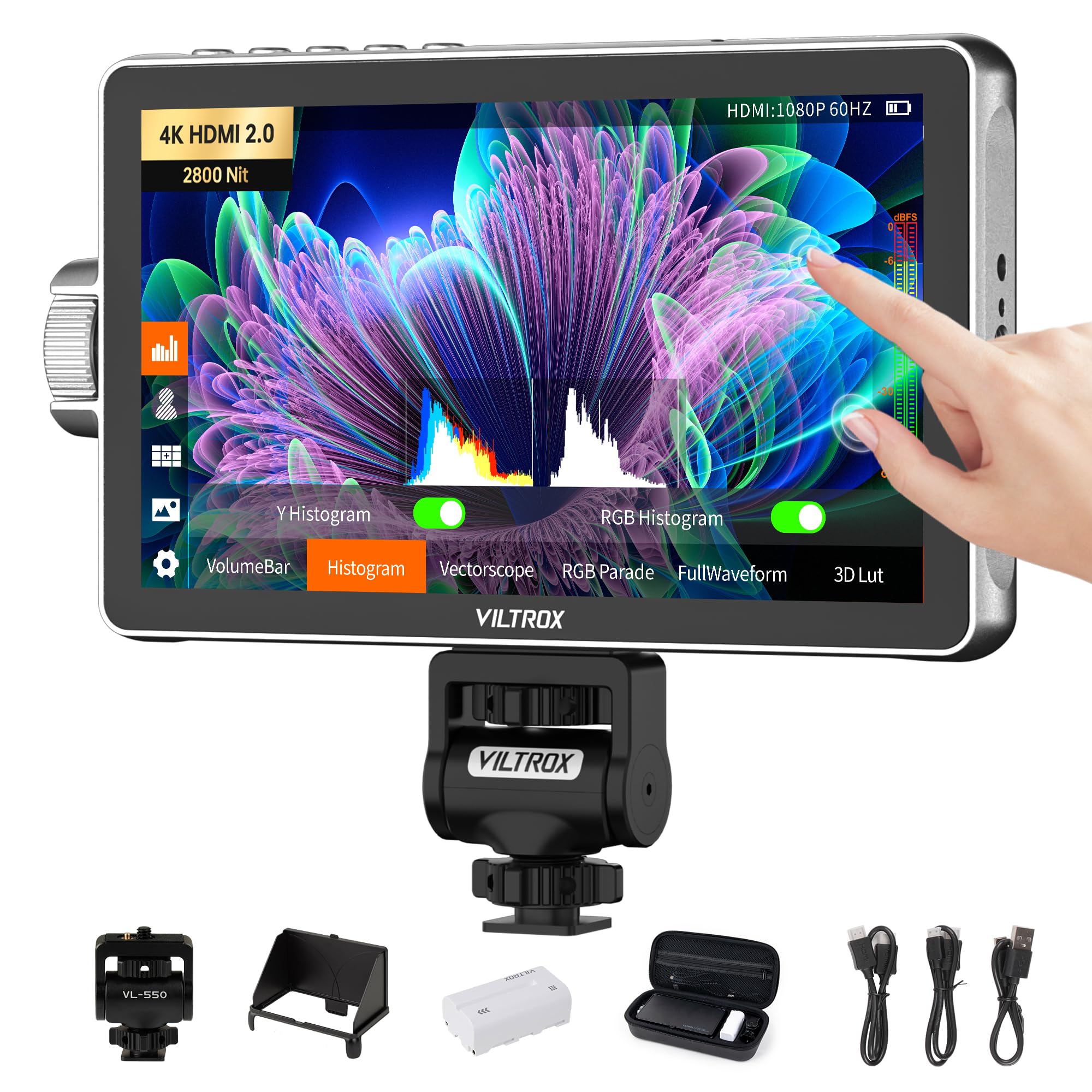 VILTROX DC-A1 2800 Nit Camera Monitor, 7 inch HD 1920x1080 IPS Touch Screen Camera Field Monitor with 4K HDMI 2.0 in/Out, 3D LUT, Focus Peaking, Video