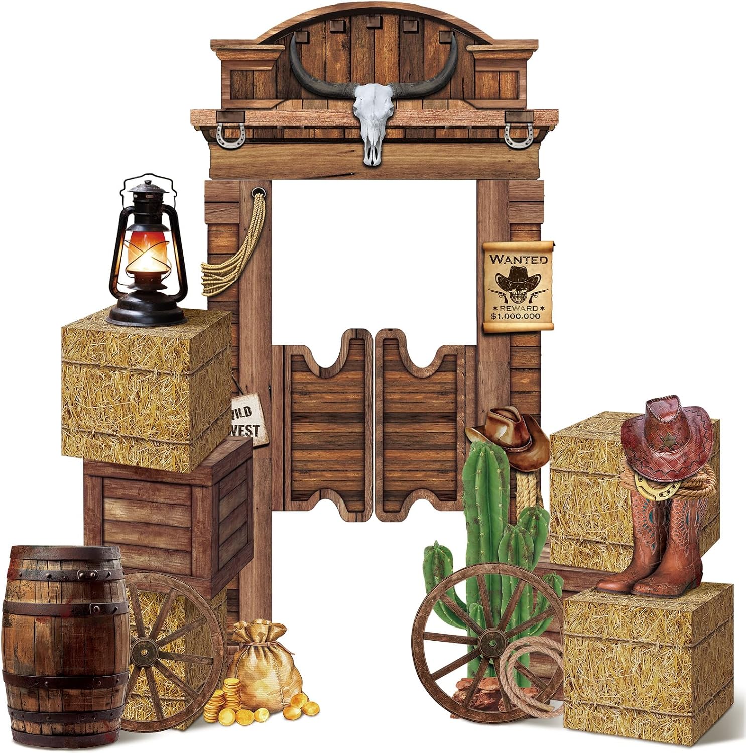 15 Pcs Western Cowboy Party Decorations Cowboy Backdrop 4 Hay Bales Boxes 2 Wooden Print Boxes 2 Wooden Wagon Wheels 5 Western Centerpieces for Photo Booth Props Cowgirl Birthday