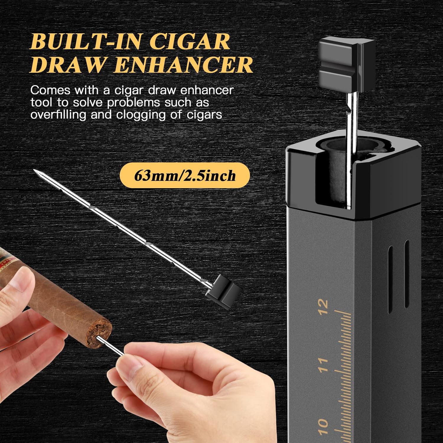 TISFA Cigar Lighter, Cigar Punch, Cigar Draw Enhancer, Cigar Length Measuring Tools, All-in-one Refillable Butane Lighter, Windproof and Portable Pen Torch Lighter (Black)