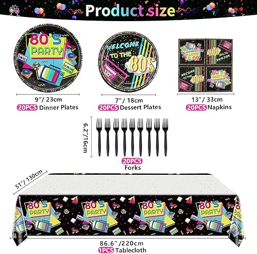 Miniatura 2 de Suministros para fiestas de los años 80  20-81 piezas, platos, servilletas, manteles, tenedores para decoraciones de fiesta de cumpleaños temáticas