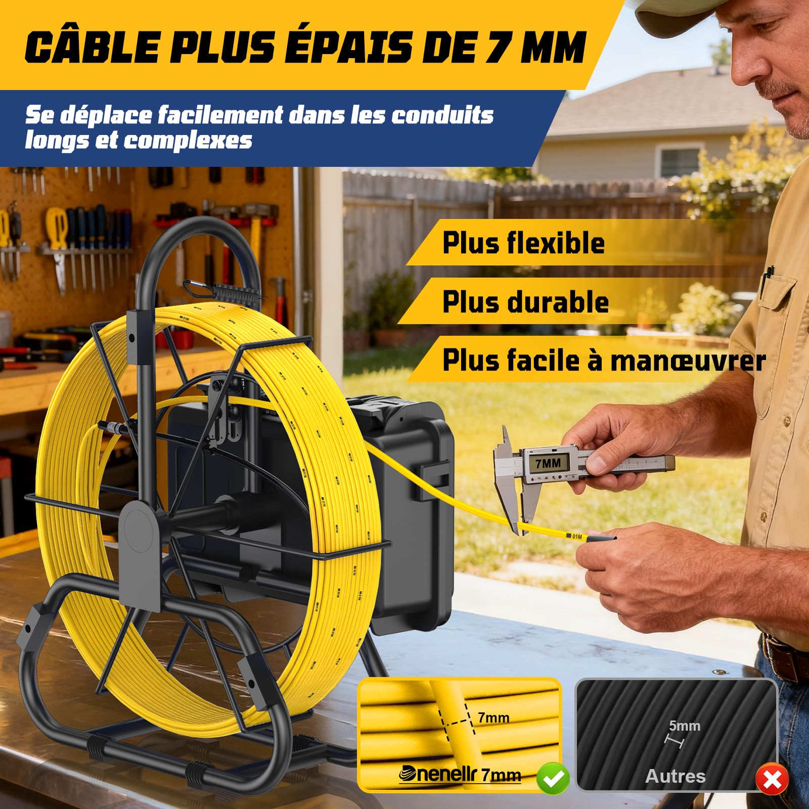 Caméra d’Inspection Canalisation, Auto-Nivelante Caméra 1080P et Émetteur 512Hz, Câble Renforcé 7MM avec Repères Métriques, Écran IPS HD 9 Pouces, DVR 32 Go, Batterie 5100 mAh, IP68 (30M)