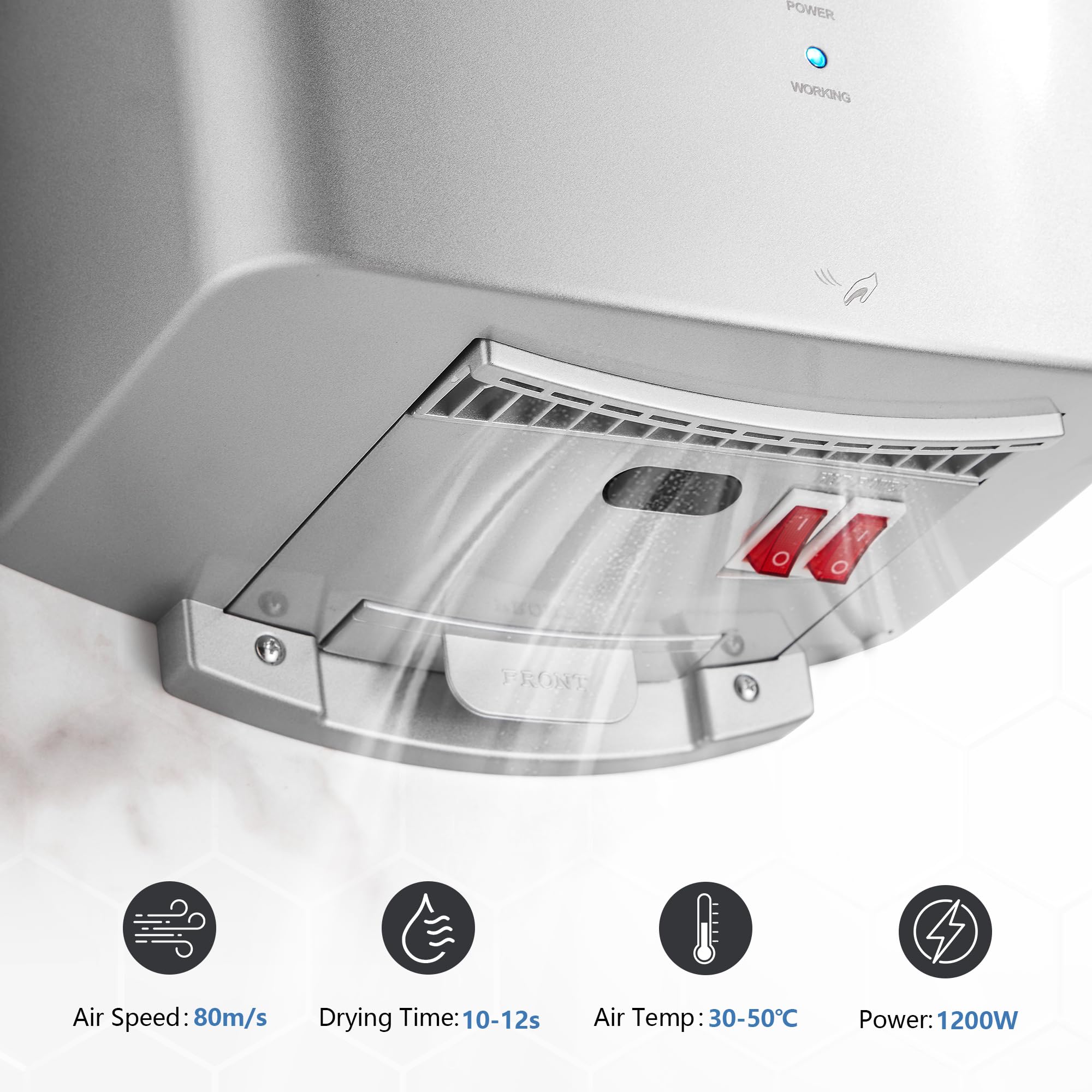 Asciugamani ad Aria Elettrico con Fotocellula, Asciuga Mani Automatico Professionale a Parete, per Commerciale e Famiglia Bagno e Servizi igienici, ABS Argento