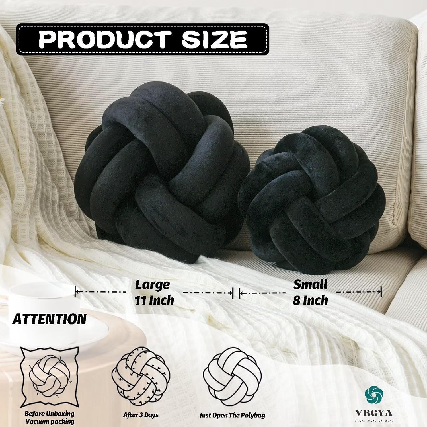 Knot Pillow Ball, Soft Home Decorative Throw Pillows Cushion, Round Changeability Knotted Pillows, Modern Home Handmade Cushions for Bedroom, Sofa, Couch (8 Inch, Black) - Image 2