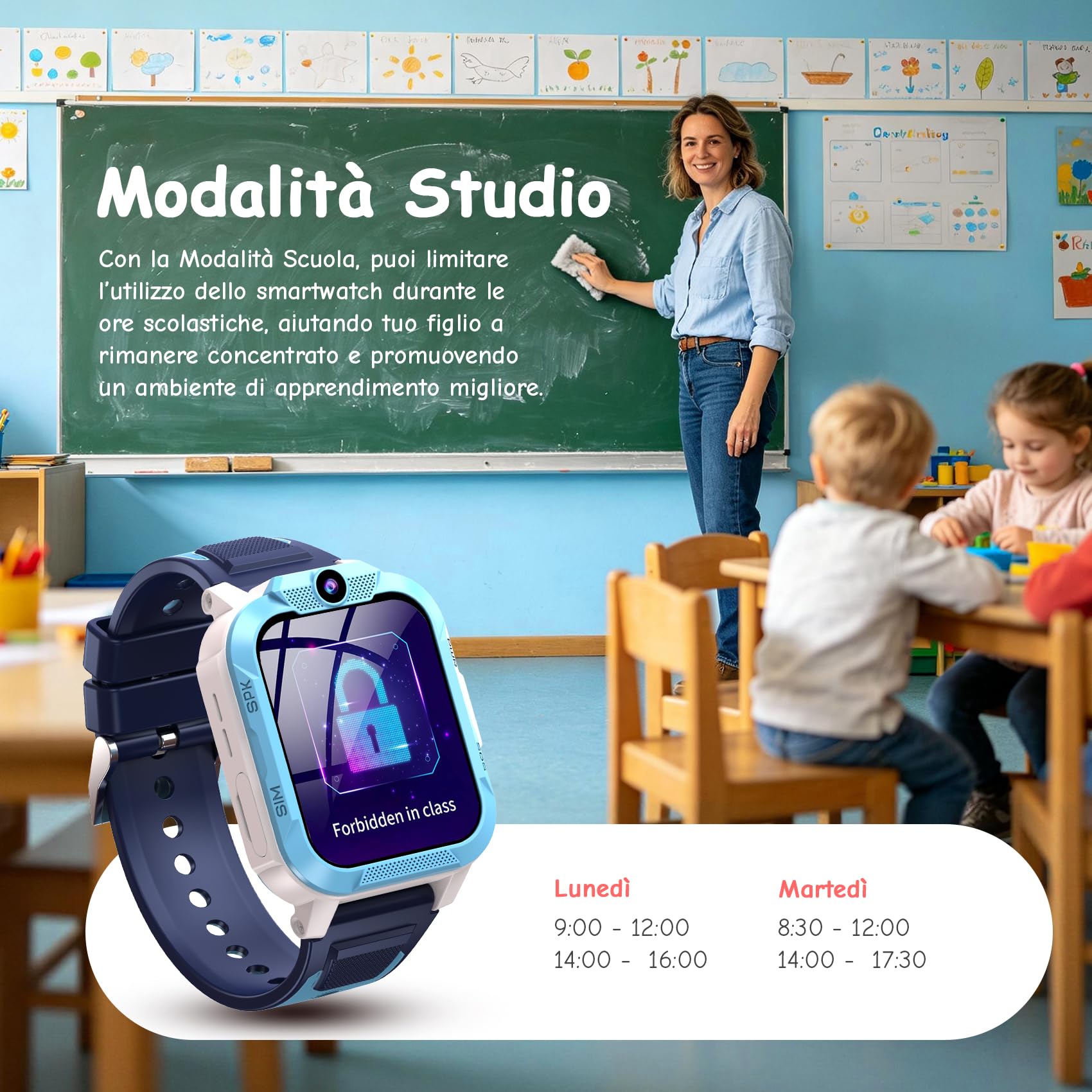 IOWODO Smartwatch Bambini 4G con Videochiamata HD, 1.85" Orologio Telefono Bambini con GPS, WiFi e LBS, SOS, Batteria 850mAh, Modalità Scuola, Contapassi, Sveglia, IP68 Impermeabile, 5-12 Anni, Blu