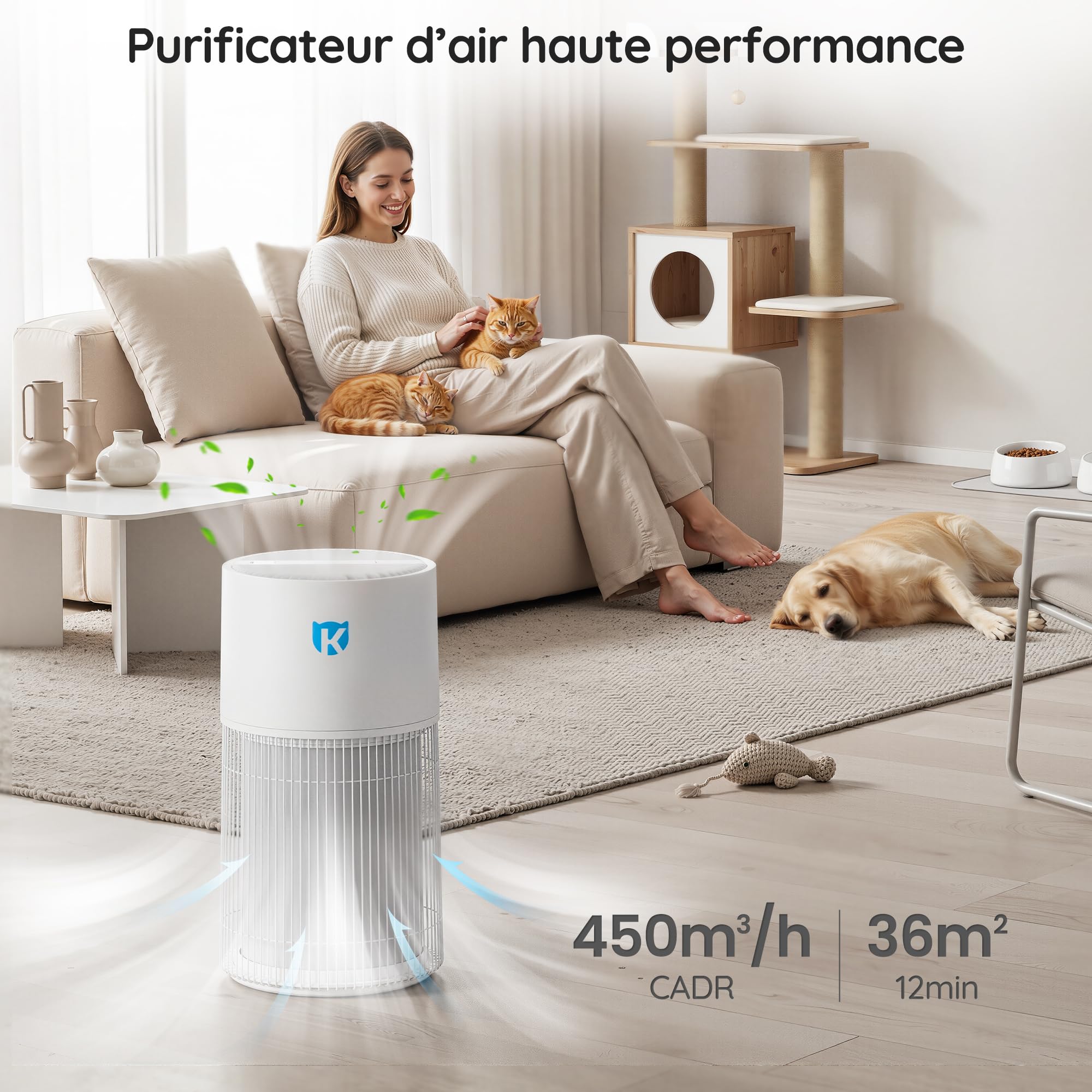 JUMMICO purificateur d'air pour animaux, air purifier intelligent avec filtre HEPA 4 étages, CADR 450 m³/h, filtre 99,97% allergènes comme poils d'animaux et particules fines, idéal pour animaux