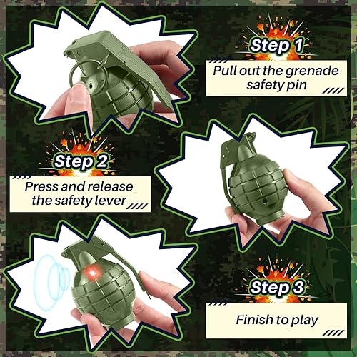 Miniatura 4 de Sratte 4 granadas de mano de plástico con efectos de sonido realistas y luz intermitente, granadas de juguete, granadas falsas, juguetes militares