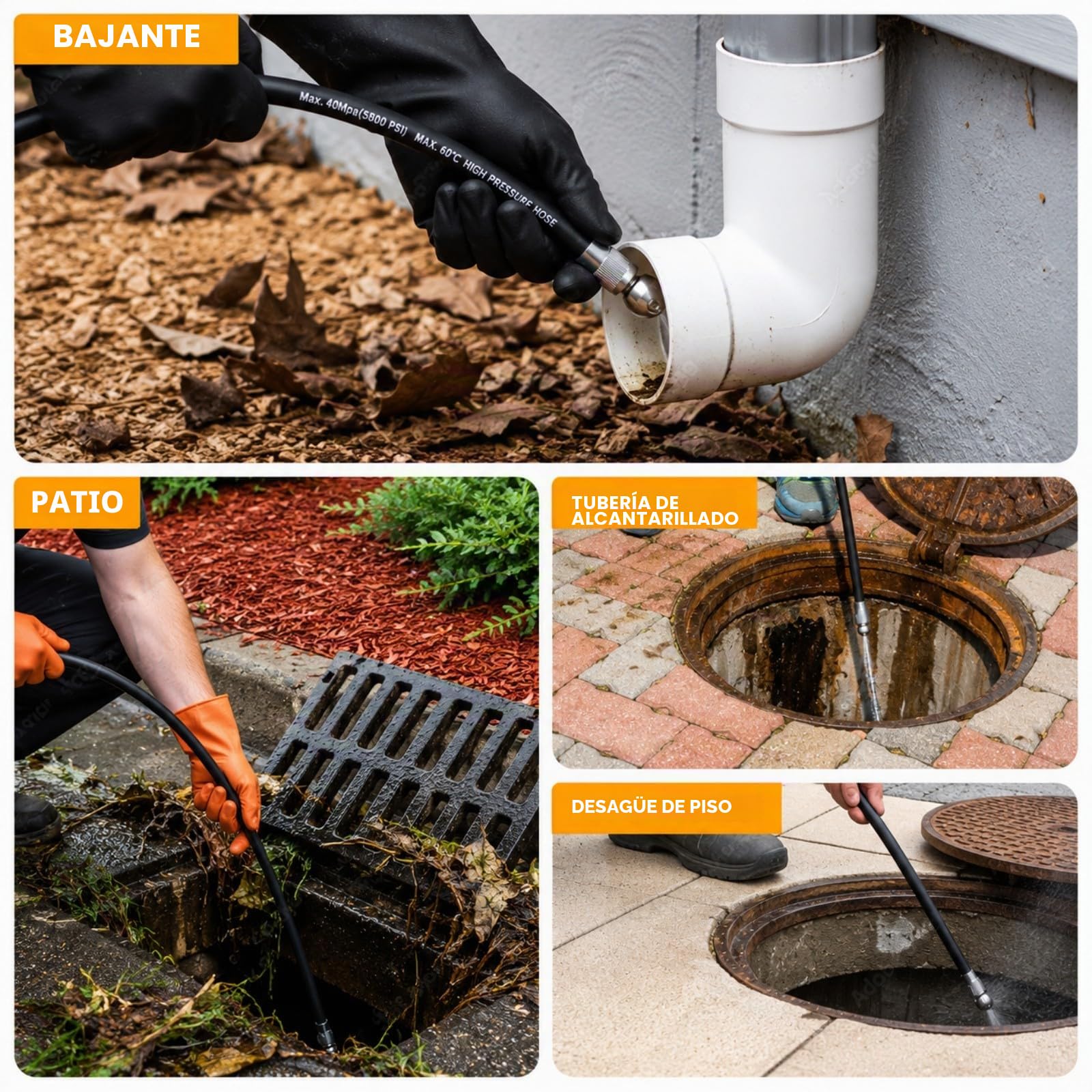 Desatascador de Tuberías a Presión 15m/30m – 400 bar / 5800 PSI, compatible con hidrolimpiadoras Karcher K2–K7, incluye adaptador y 2 boquillas, limpieza de tuberías y desagües