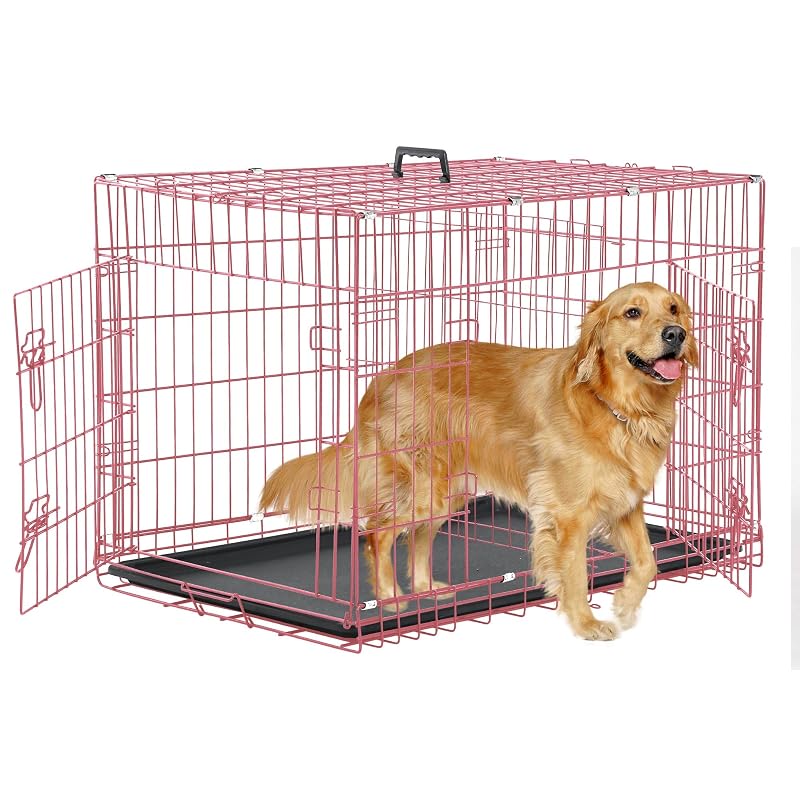 Caixa de Transporte para Cães Ckofgdsue, Metal Dobrável, Duas Portas, Rosa, 91,44 x 55,88 x 63,5 cm