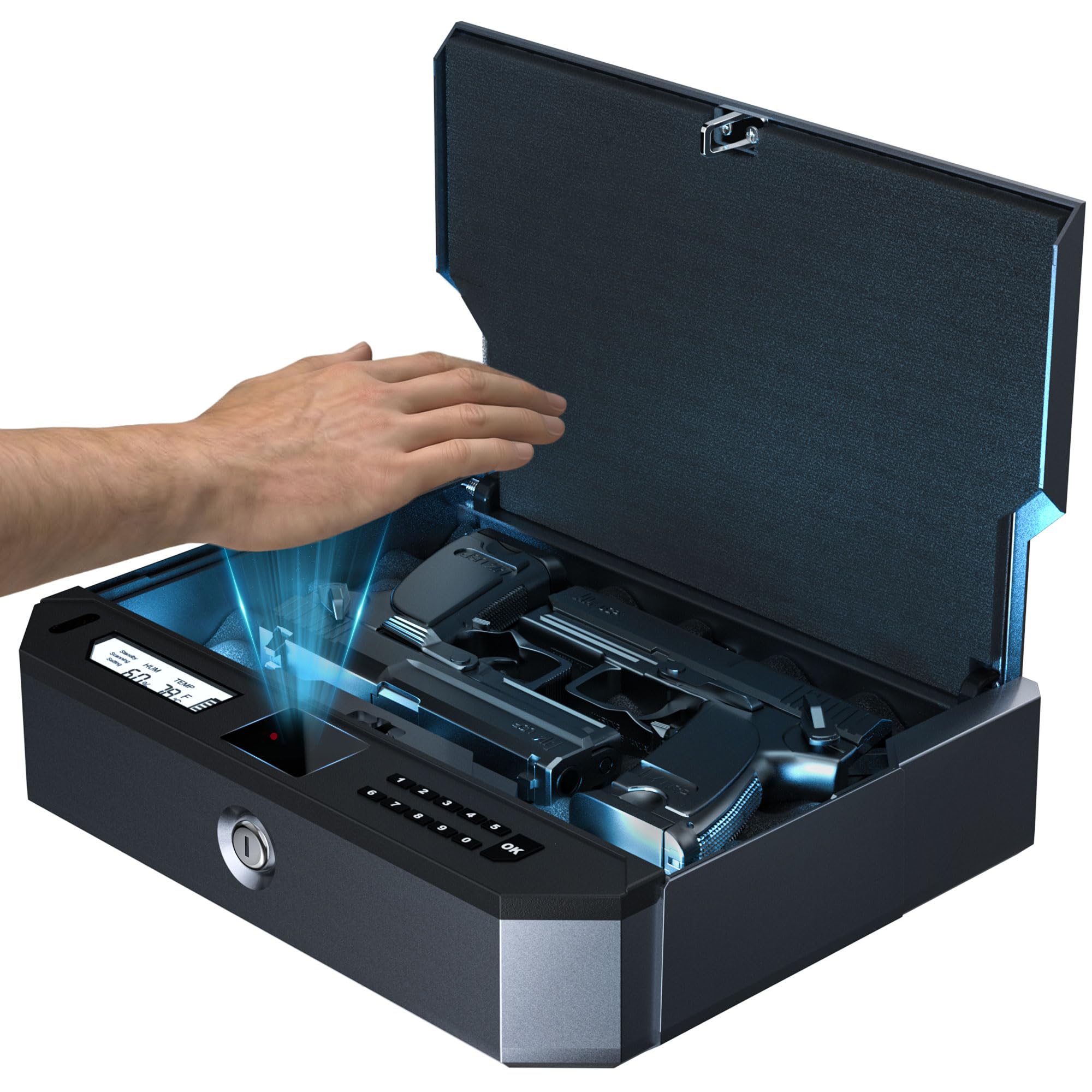 Xegis Safe Grey Palm Vein Biometric Gun Safe For Handgun - 0.1S Contactless Unlock, Child-Proof Security, Fits Full-Size Pistols, Nightstand & Car Safe With Pin Code & Backup Key Access