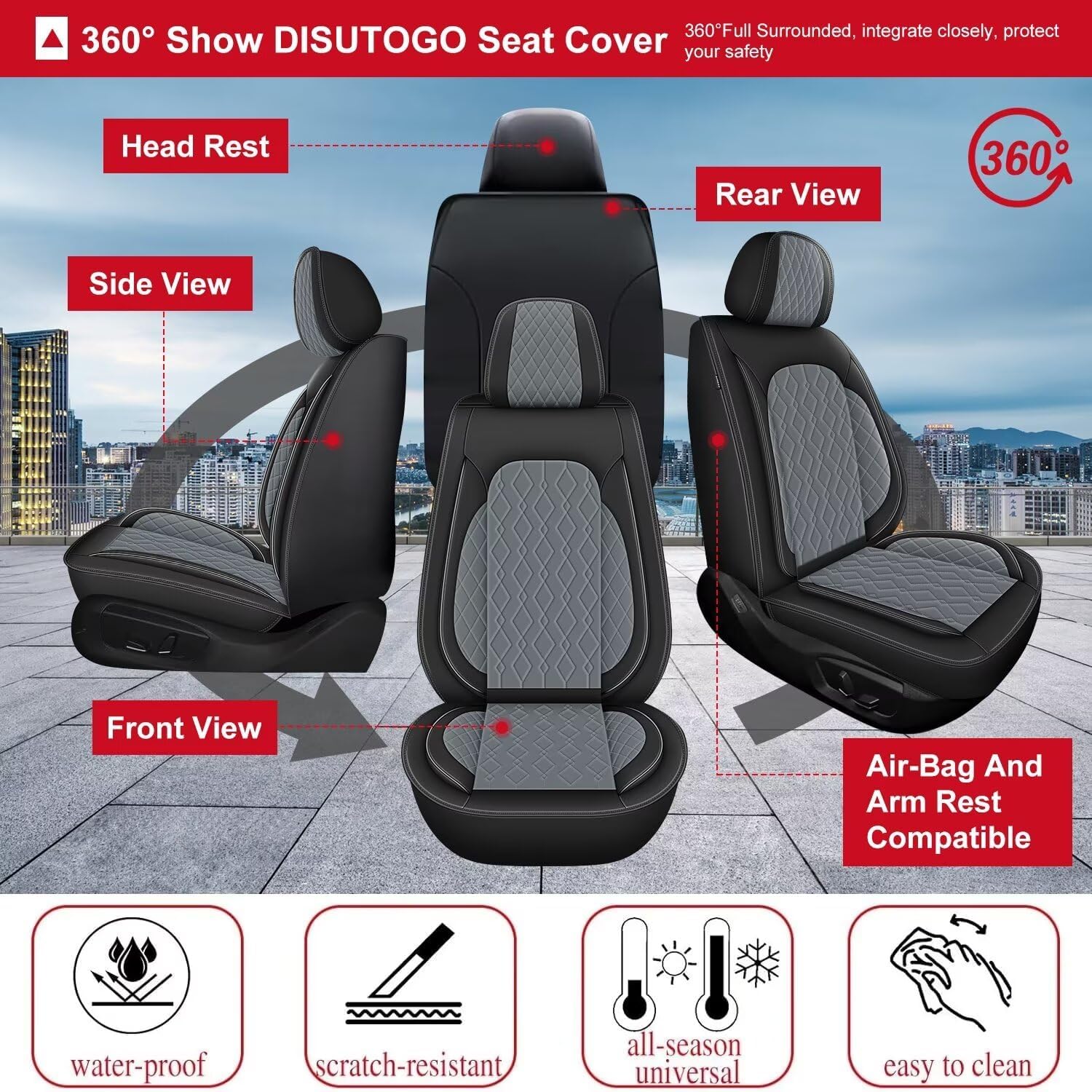 DISUTOGO 2 Front Car Seat Covers Fit for Volkswagen VW Taos 2022-2025 2026 Waterproof Faux Leather Seat Cushion Protector (2 Seats, Black&Grey)