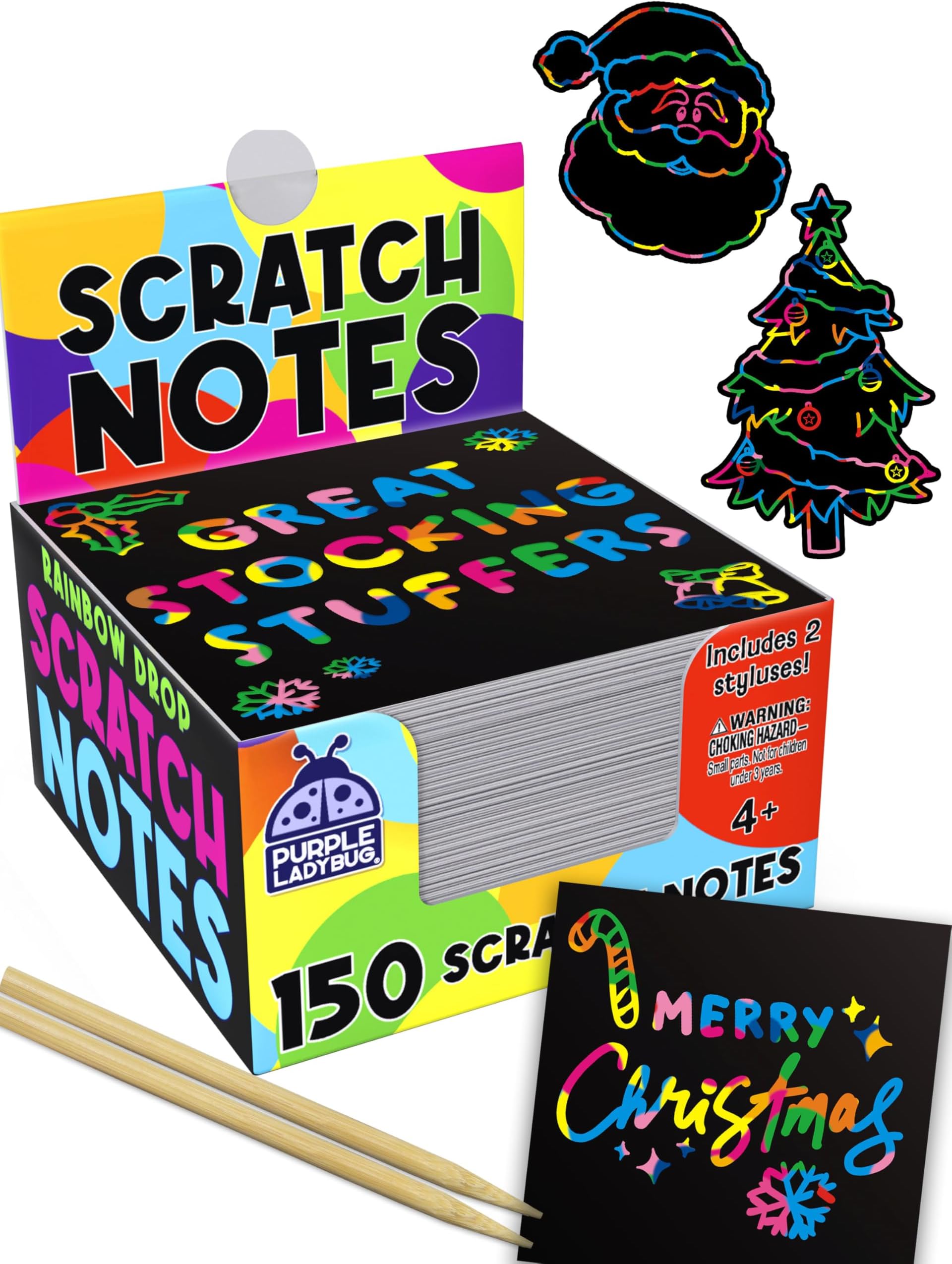 Rainbow Scratch Off Mini Notes + 2 Stylus Pens Kit: 150 Sheets of Rainbow Scratch Paper for Kids Arts and Crafts, Airplane or Car Travel Toys - Cute Unique Gift Idea for Kids, Girls, Women, or Anyone!