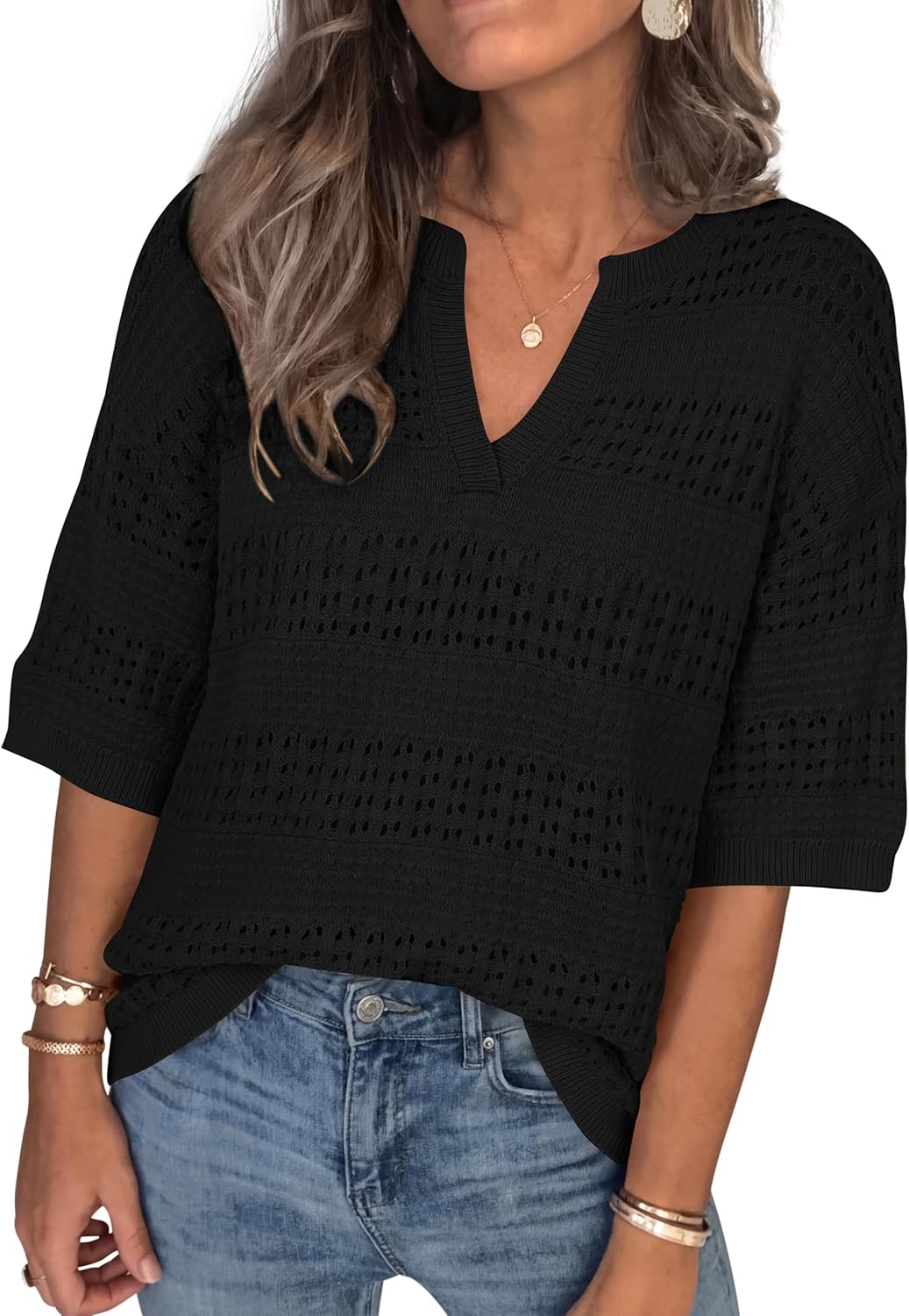 PRETTYGARDEN Womens Crochet Tops Casual Cotton Hollow Out Knit Short Sleeve Oversized Sweater for Women Summer Beach Cover Up