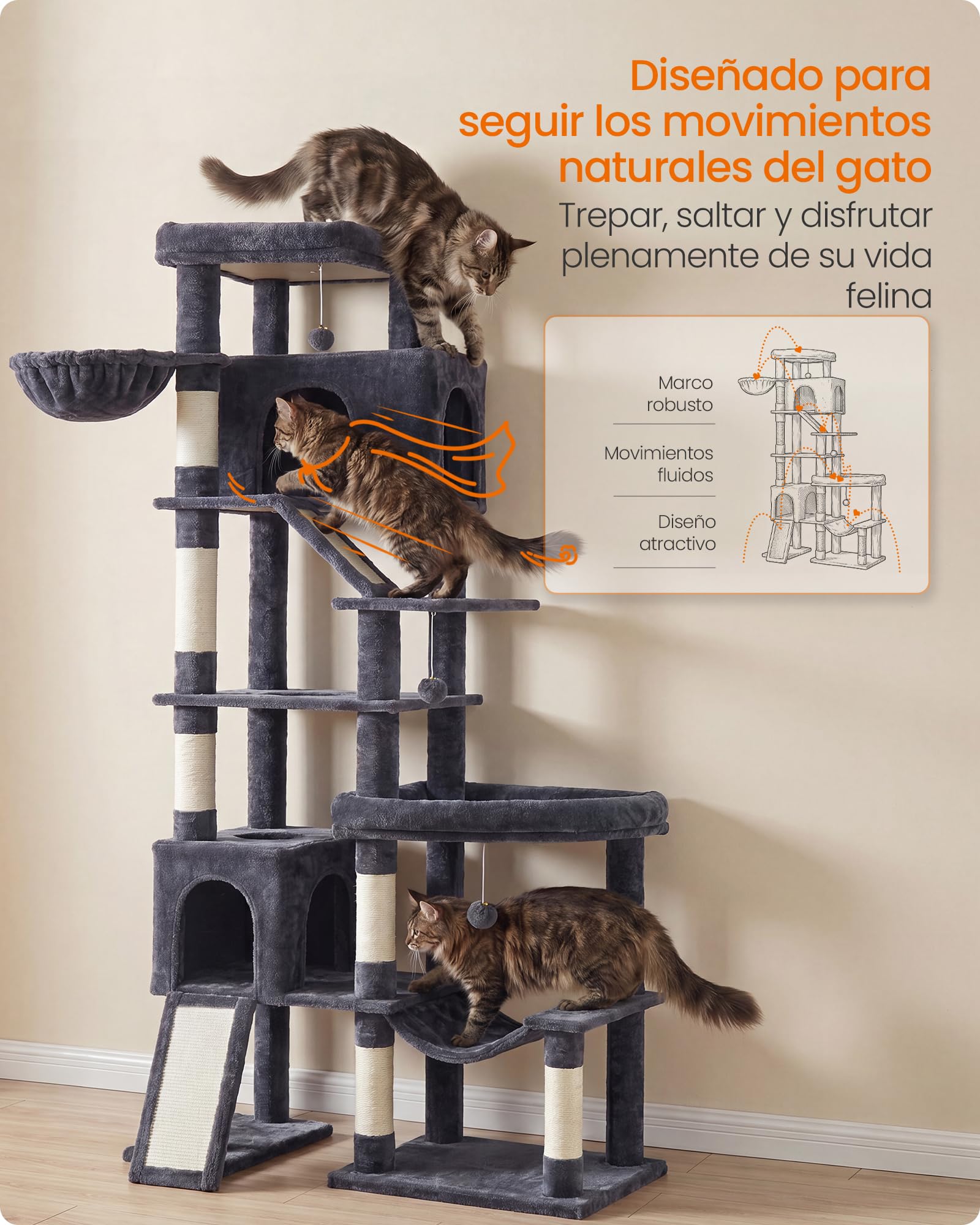 Feandrea Árbol para Gatos XXL, Torre con Postes de Sisal, Rascador con Base Doble, 105 x 45 x 202 cm, Gris Oscuro, para Gatos Grandes y Varios Felinos, Colección Clawfy PCT020G201