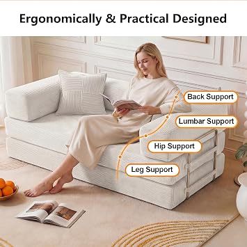 Vipbear 160cm Boneless Couch with Foam & Springs for Bedroom,White | Corduroy,5-in-1 Convertible