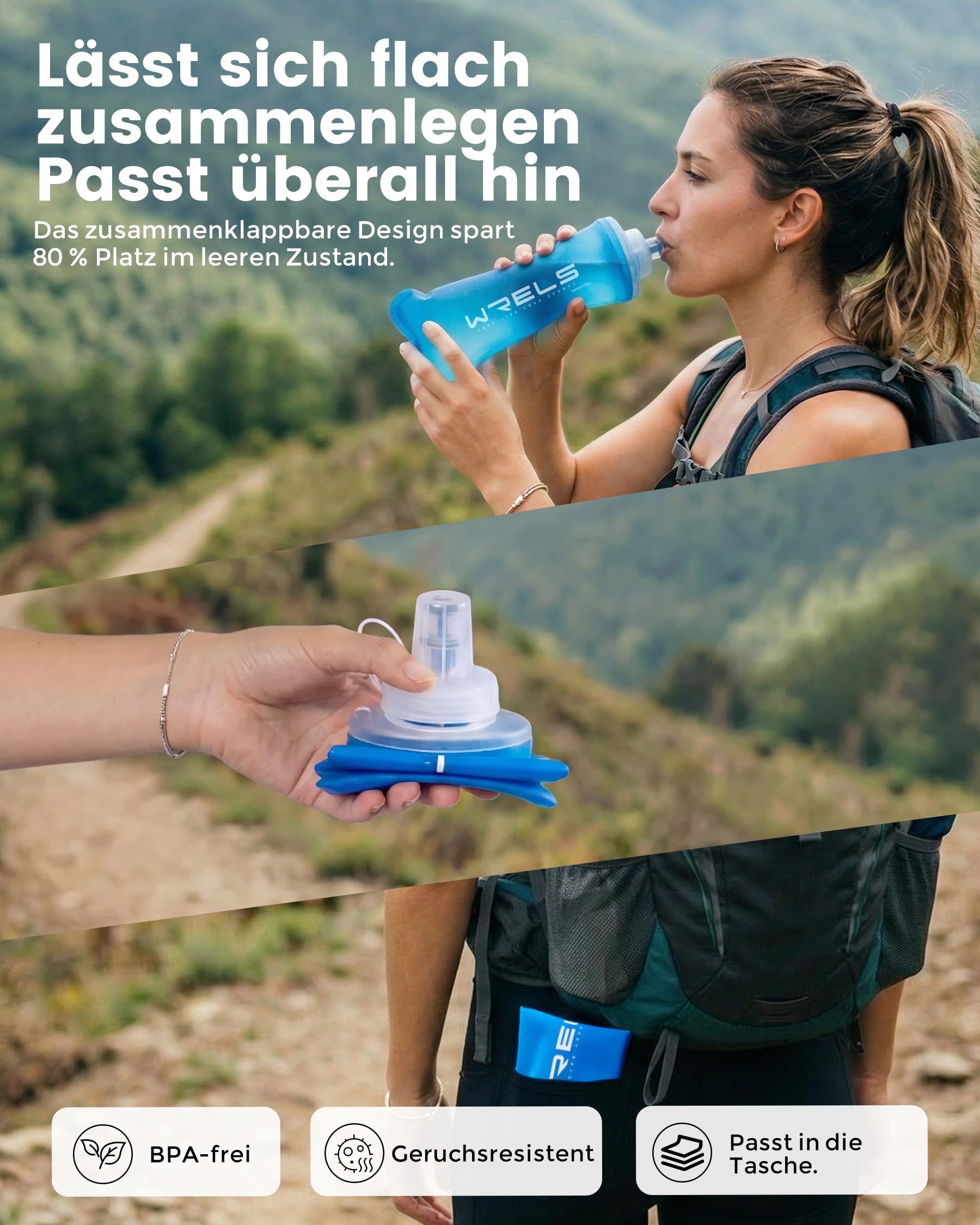 WRELS Faltbare Wasserfilterflasche – 500 ml Ultraleichte Soft Flask mit Filter,Wasserfilter Outdoor für Camping, Wandern, Backpacking und Trailrunning