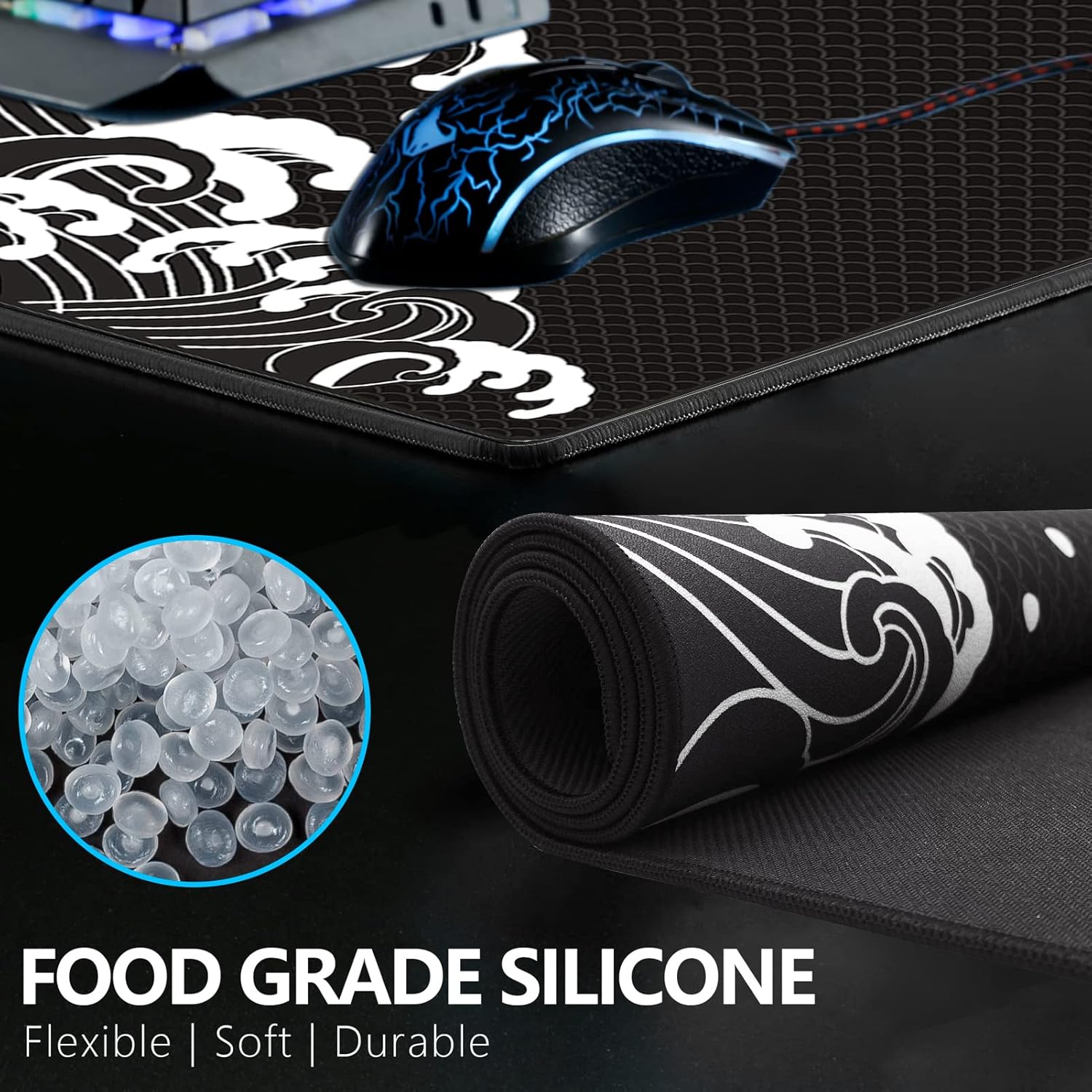 Close-up view of the X-Raypad Aqua Control Plus mouse pad's stitched edge and material, alongside a pile of rubber pellets, emphasizing its flexible, soft, and durable food-grade silicone construction.