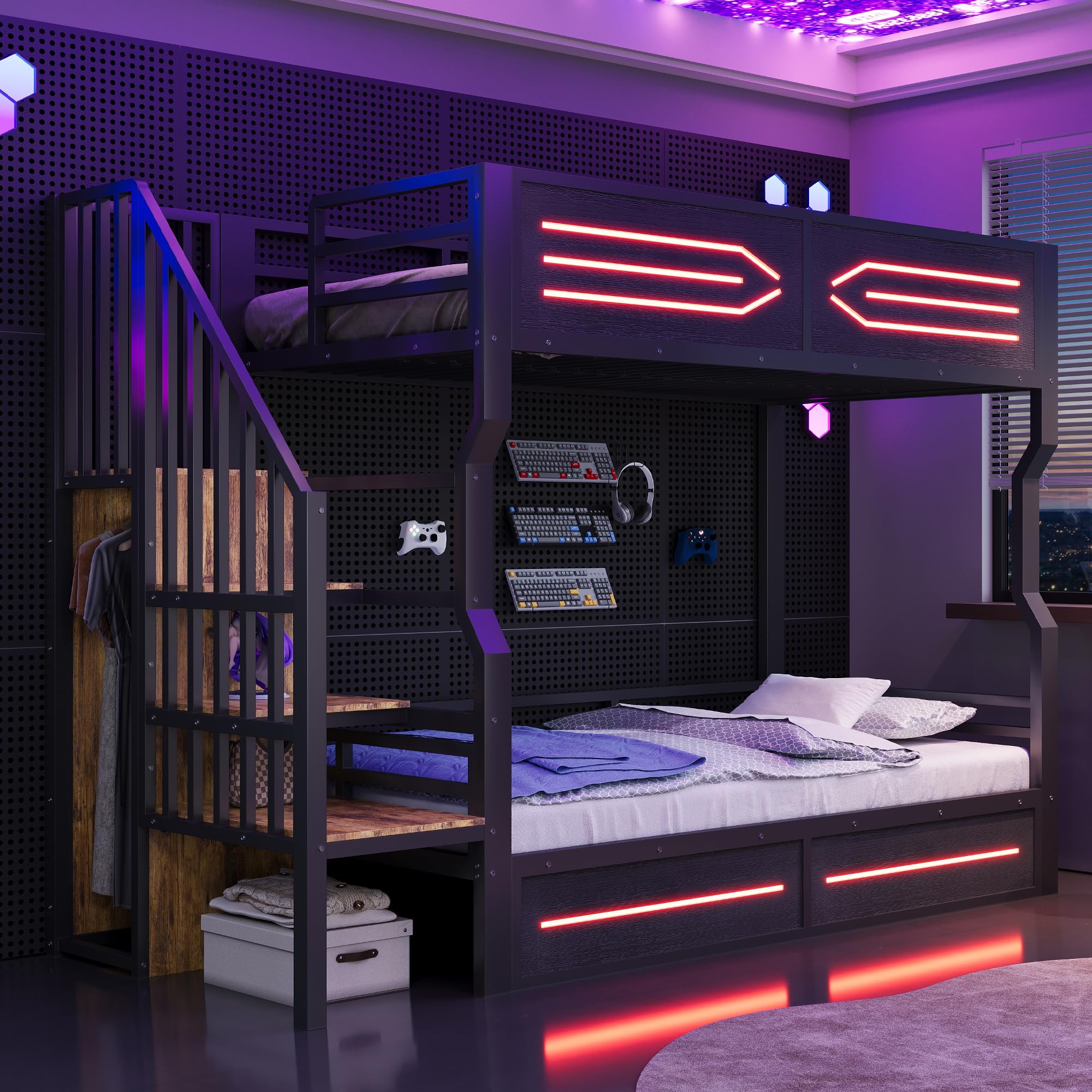 Sapgaks Lit superposé Enfant 90 × 200 cm avec LED,lit Mezzanine 2 Places,lit superposé 2 Places,lit Enfant avec Barriere,lit Double Enfant barrières latérales Hautes,avec Espace de Rangement (Noir-5)
