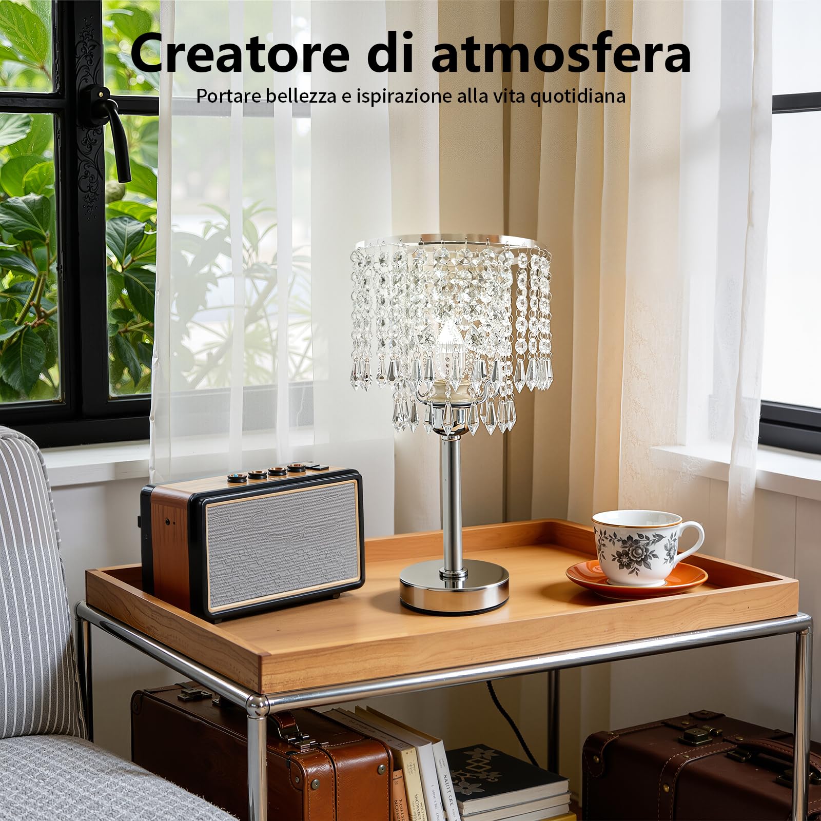 Lampada da comodino in cristallo - Lampada da tavolo in cristallo - Paralume con lampada da comodino rotonda E27 - Per camera da letto, soggiorno, cameretta da bambina - Bianco