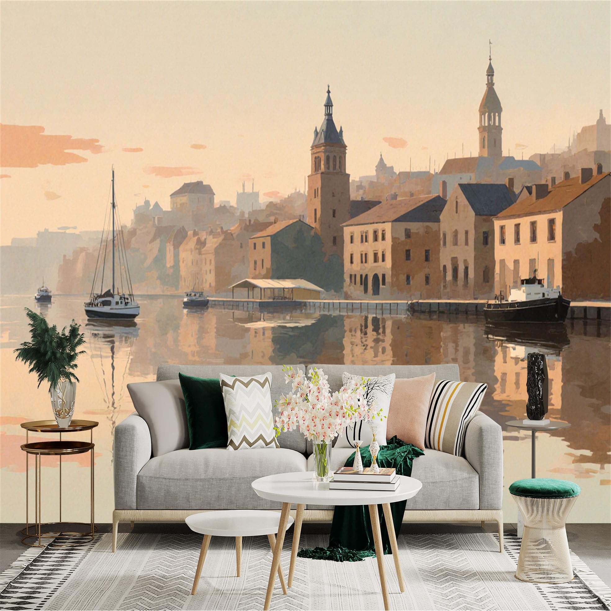 Lnzczhyre Xc260505868 Custom Size Wall Sticker Mural， European Coastal Town， Sailing Boats At Calm Harbor， Sunset Cityscape Reflection， For Wall Decoration， Peelandstick Wall Decals.