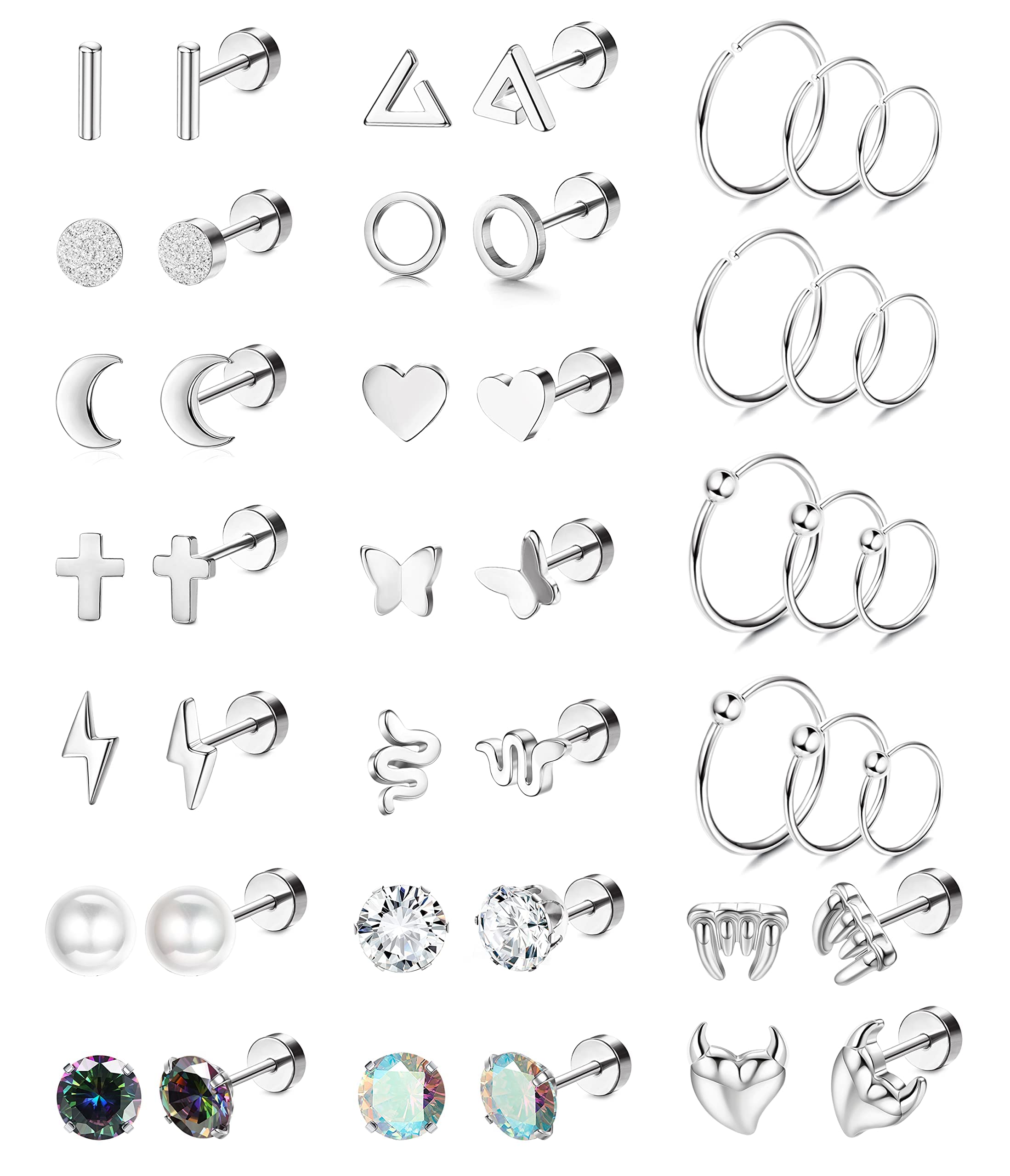 MILACOLATO 22 Pares de Cartílago Stud Pendientes Set Para Mujeres Hombres 316L de Acero Inoxidable de CZ Geométrica Cartílago 20G Tragus Helix Ear Piercing Flat Back Stud Piercing Joyería