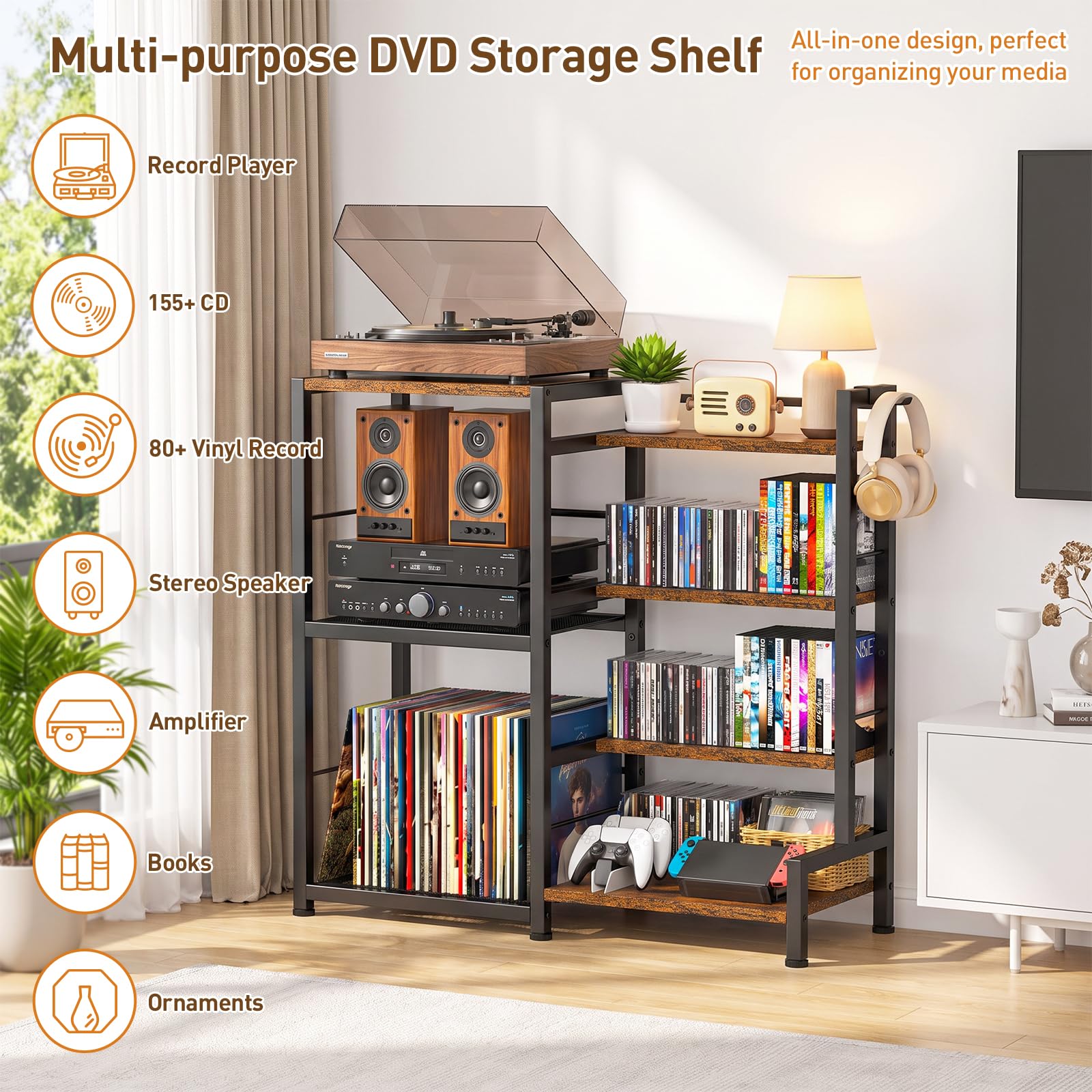 ikkle Scaffale per CD con supporto per dischi in vinile, scaffale per DVD e Blu-ray a 7 ripiani | Supporto compatto per CD e DVD, con supporto per giradischi, per CD, DVD, giochi e libri, per soggiorno, casa, ufficio