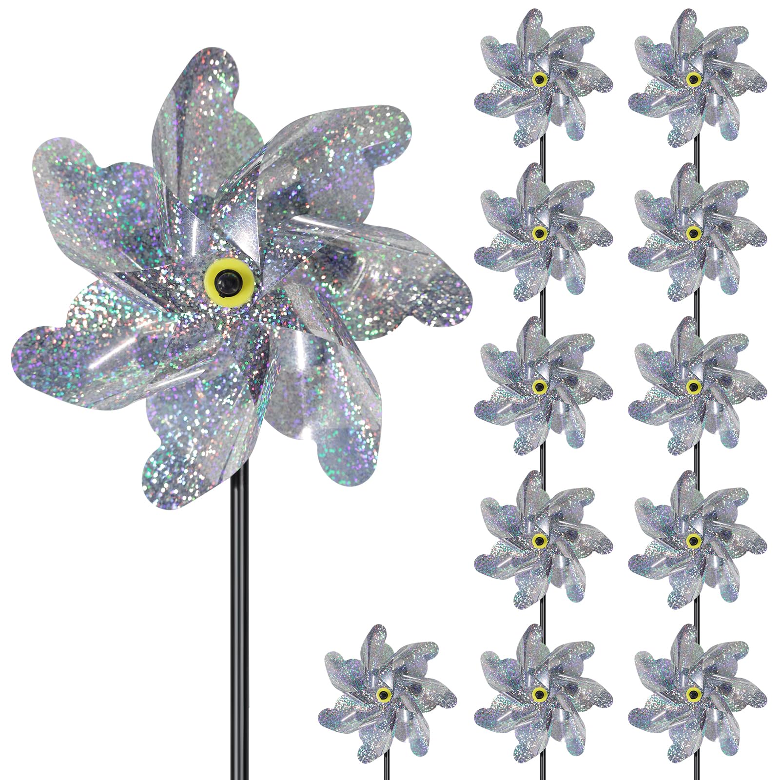DECEED 12 Pack Reflective Pinwheels Extra Sparkly Pinwheel for Garden Decor, Silver Bird Devices Deterrent to Scare Birds Away from Yard Patio Farm