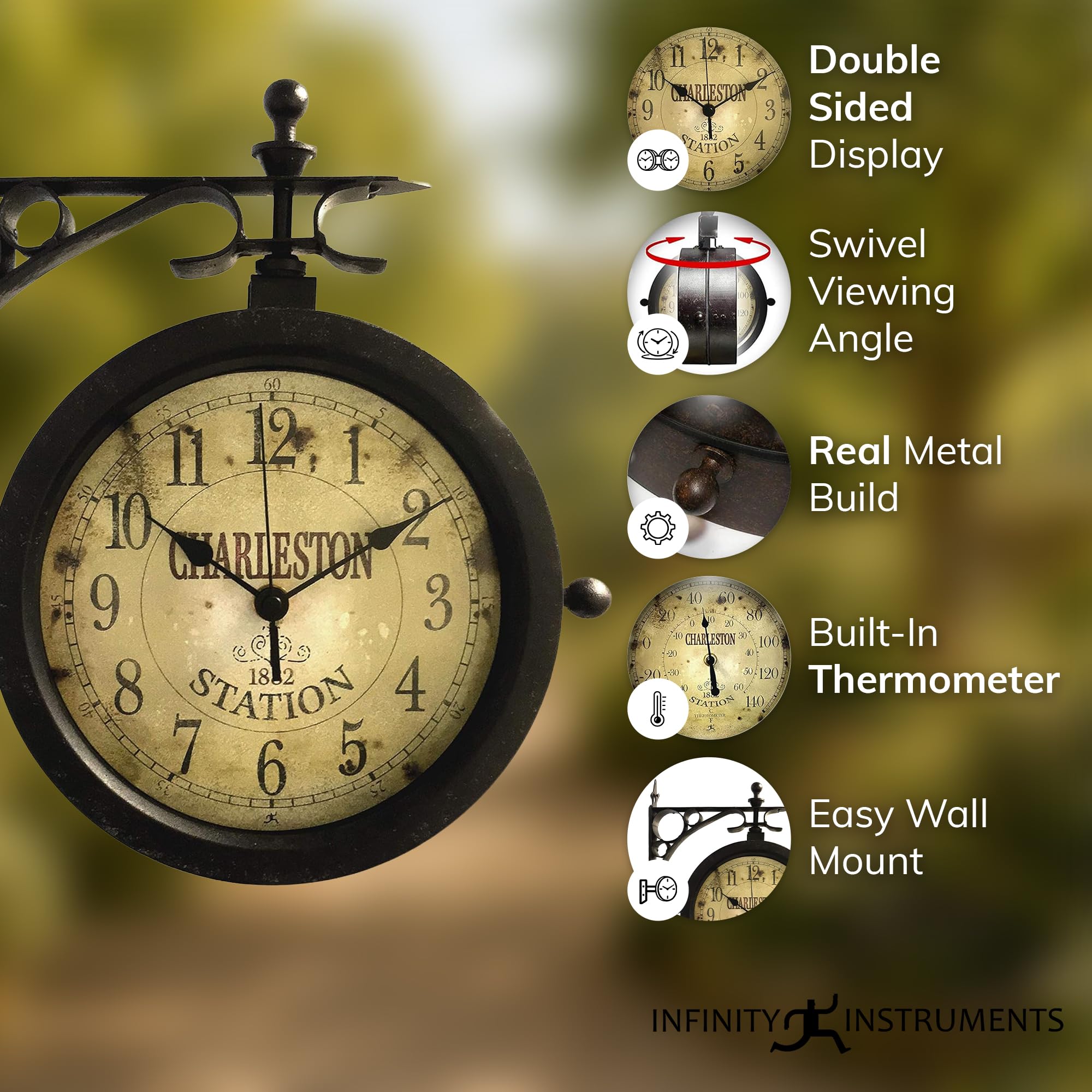 Infinity Instruments Charleston Outdoor Clock Thermometer, Double