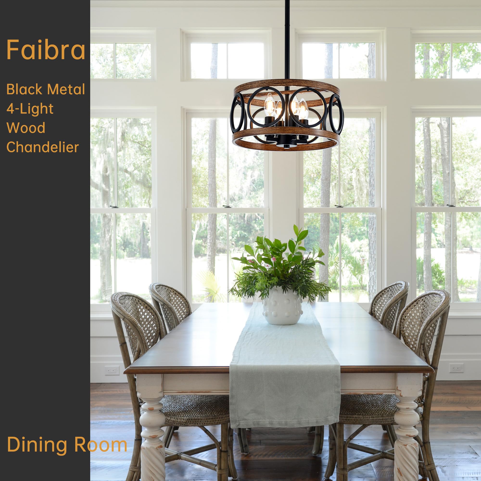 Faibra 4-Light Farmhouse Drum Pendant Light,12.6'' Nature Wood