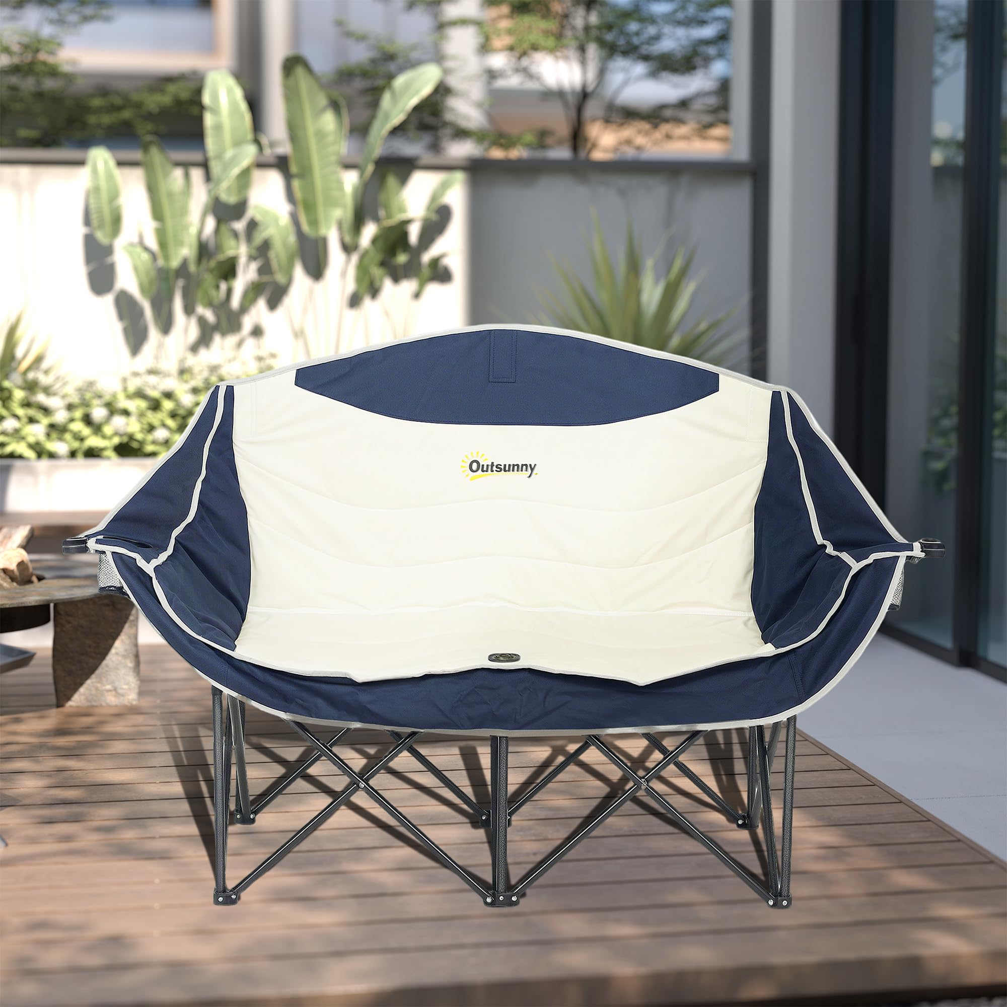 Outsunny Chaise Camping Double avec Porte-gobelet Sac 551 LB Bleu Marine | Porte-gobelet, porte-verre à vin, sac de transport, causeuse pliante, randonnée, pique-nique, plage