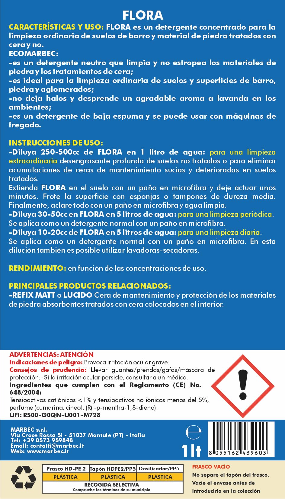 MARBEC FLORA 1LTX6UDS Detergente para suelos de terracota y materiales pétreos, ideal para la limpieza ordinaria de superficies tratadas y no tratadas. No daña el material.