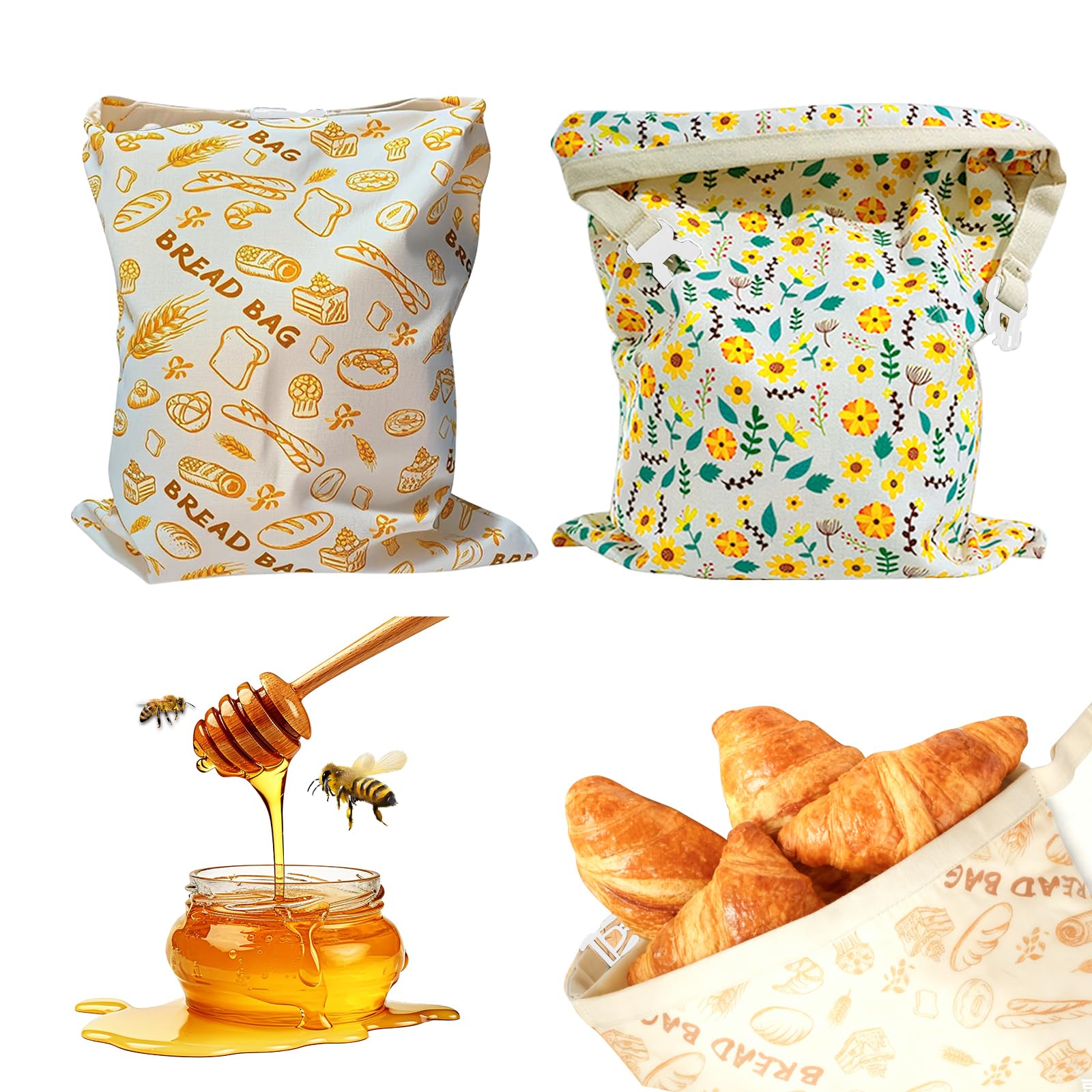 Set di 2 Sacchetti per Pane in Cera d'Api (42x33cm), Sacchetto Porta Pane in Cotone con Chiusura a Fibbia, Contenitore Riutilizzabile per Conservazione Pane a Lievito Madre, 2 Fantasie