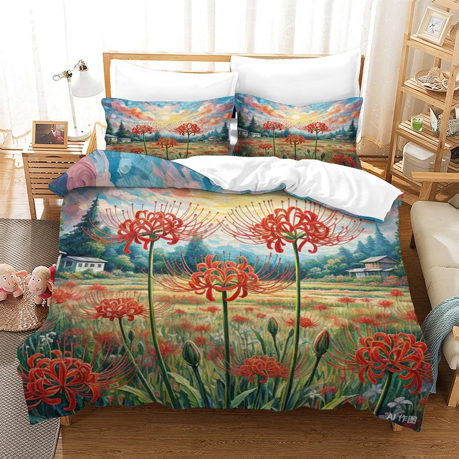 Housse de couette microfibre douce imprimée 3D Manjusaka avec fermeture éclair cachée