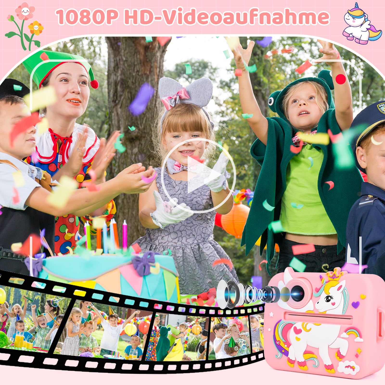 GuKKK 1080p aparat dziecięcy, aparat cyfrowy z ekranem 2,4", dla dzieci, z kartą 32 GB, 13 rolek papieru do drukowania, 5 kolorowych długopisów, prezent (różowy)
