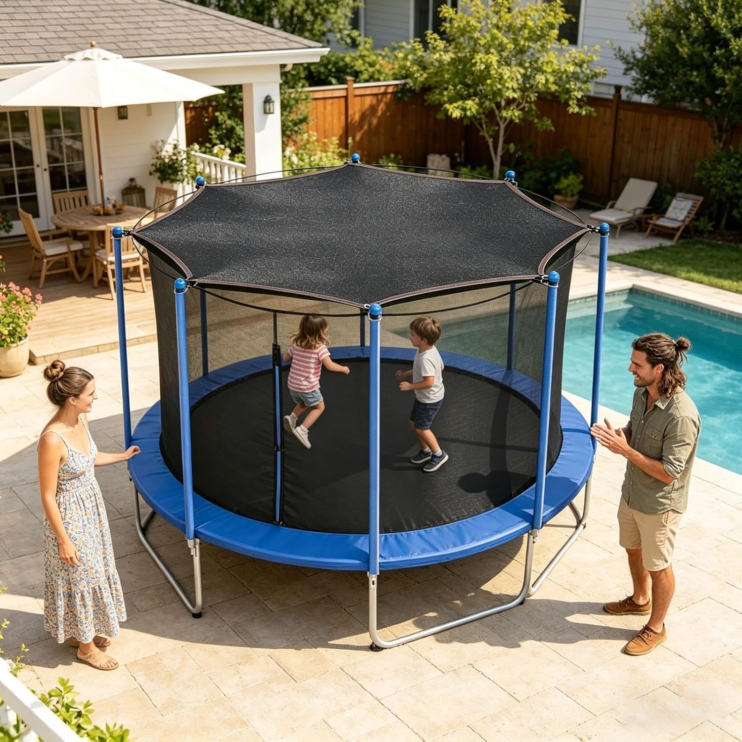 Trampolin Sonnenschutz, UPF 50+ Trampolin Sonnendach für 8 Stangen, Wasserdicht Windfest Outdoor Sonnenschutz Zubehör