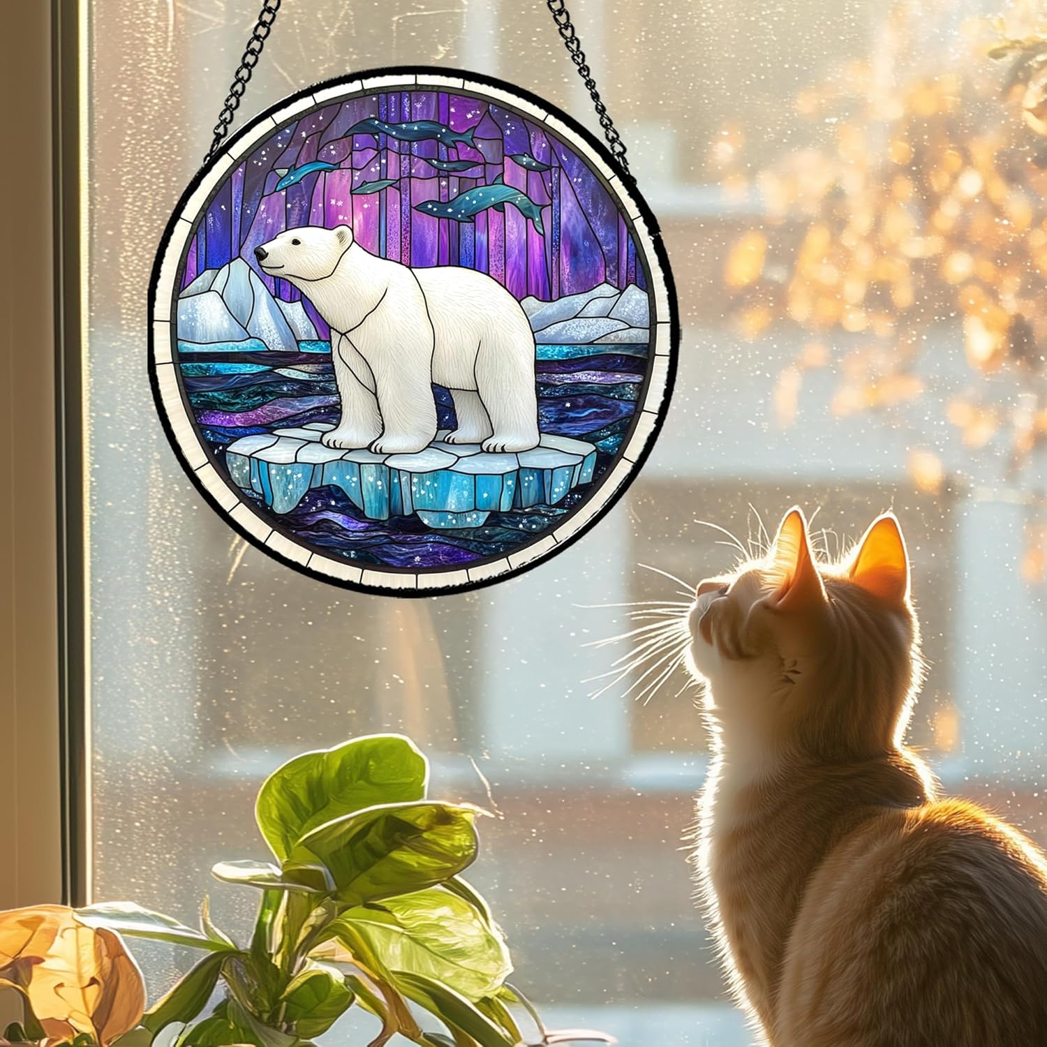 Stained Glass Window Hanging - Polar Bear Suncatcher for Door Garden Yard Arctic Landscape Sun Catchers Decor Christmas Mother's Day Birthday Child Gifts for Women Mom Nana Friend 7.8 in
