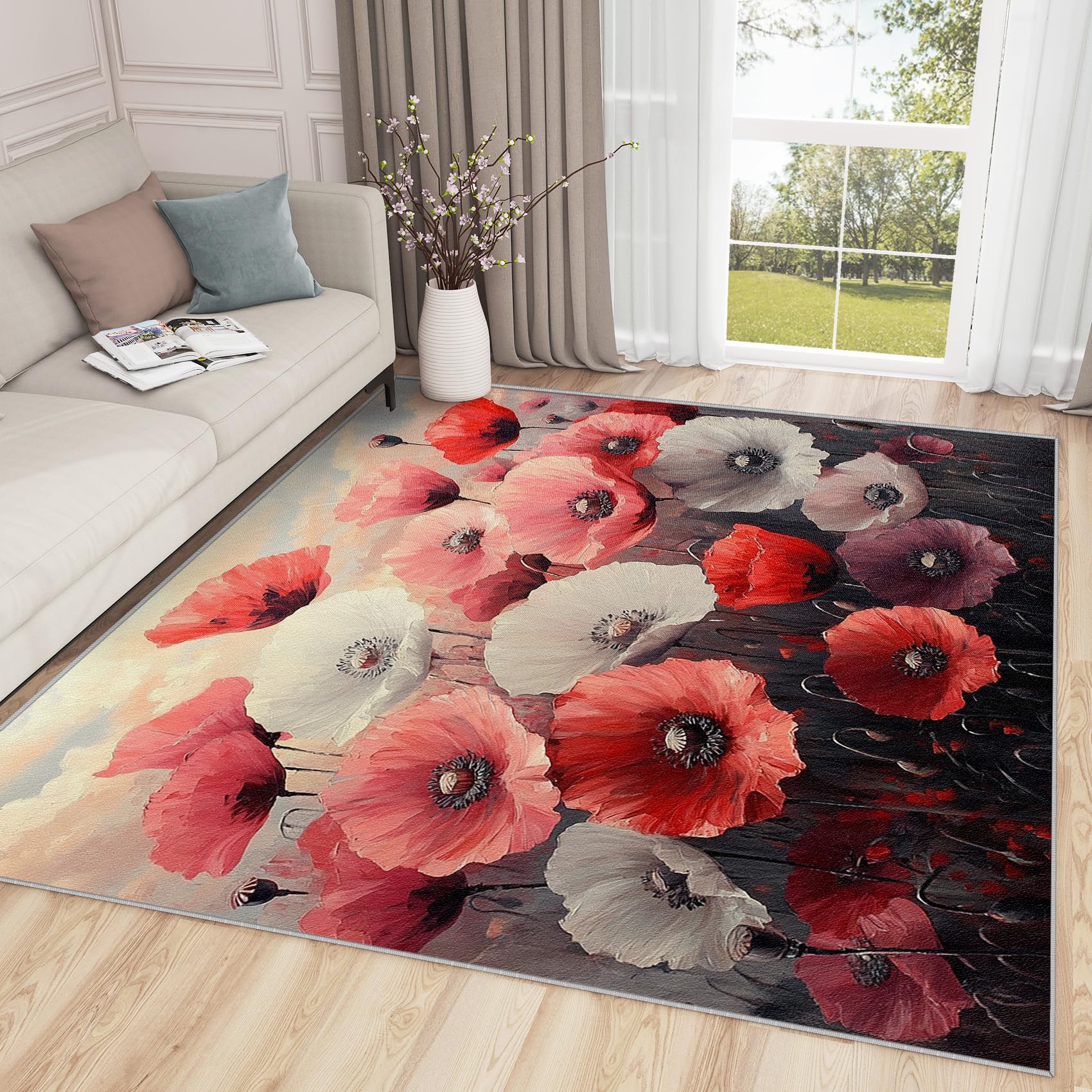Poppy Rugs for Living Room - Red Poppy Rug, 6x8 Rug, Watercolor Poppies Washable Rugs for Living Room Bedroom, Poppy Flowers Area Rug, Botanical