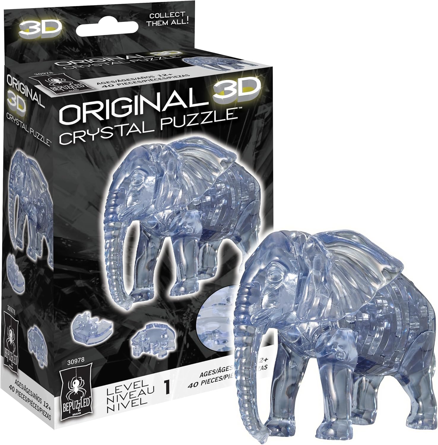 BePuzzled Elephant 3D Crystal Puzzle box and assembled elephant