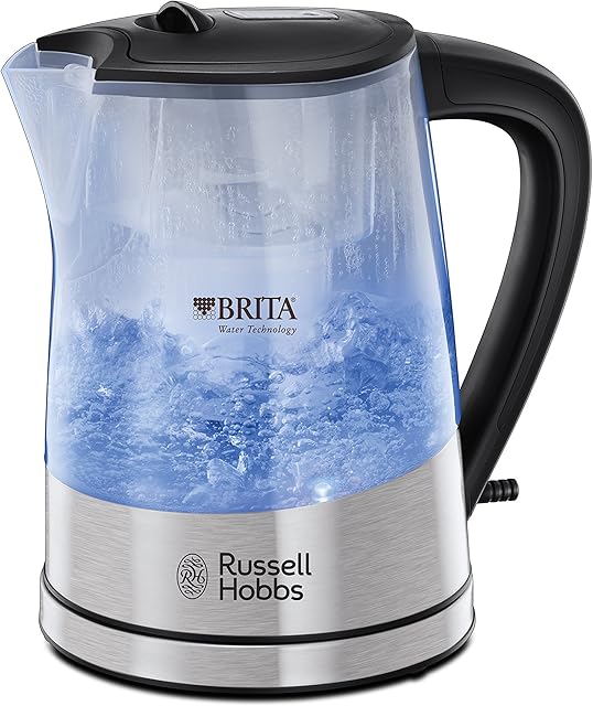 Russell Hobbs czajnik elektryczny, wymienny filtr BRITA, wymienny filtr antywapienny, strefy szybkiego gotowania, szkło premium Schot, pojemność 1L, moc 2200W, srebrny, Purity 22850-70