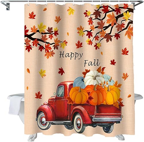 ALAGEO Cortina de ducha de otoño con diseño de calabaza roja para decoración de baño, cosecha de Acción de Gracias, hojas de arce, juego de cortinas