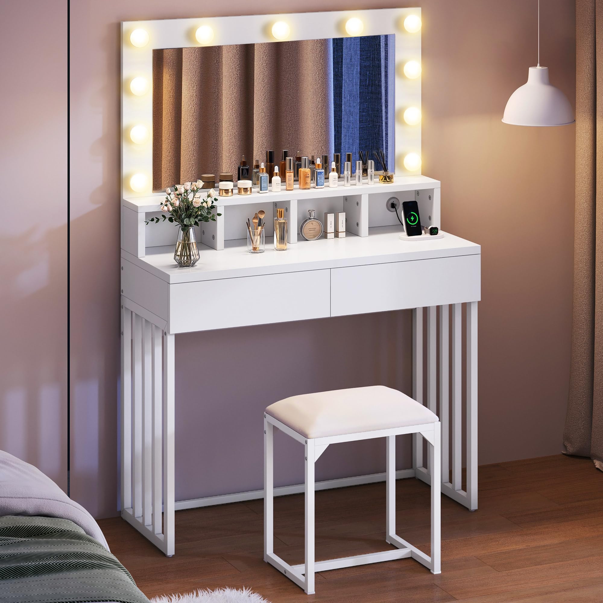 YITAHOME Coiffeuse avec Miroir et Tabouret, avec 2 tiroirs, lumières LED Hollywood, luminosité réglable, Table de Maquillage avec Pieds en métal, pour Chambre à Coucher, Blanc