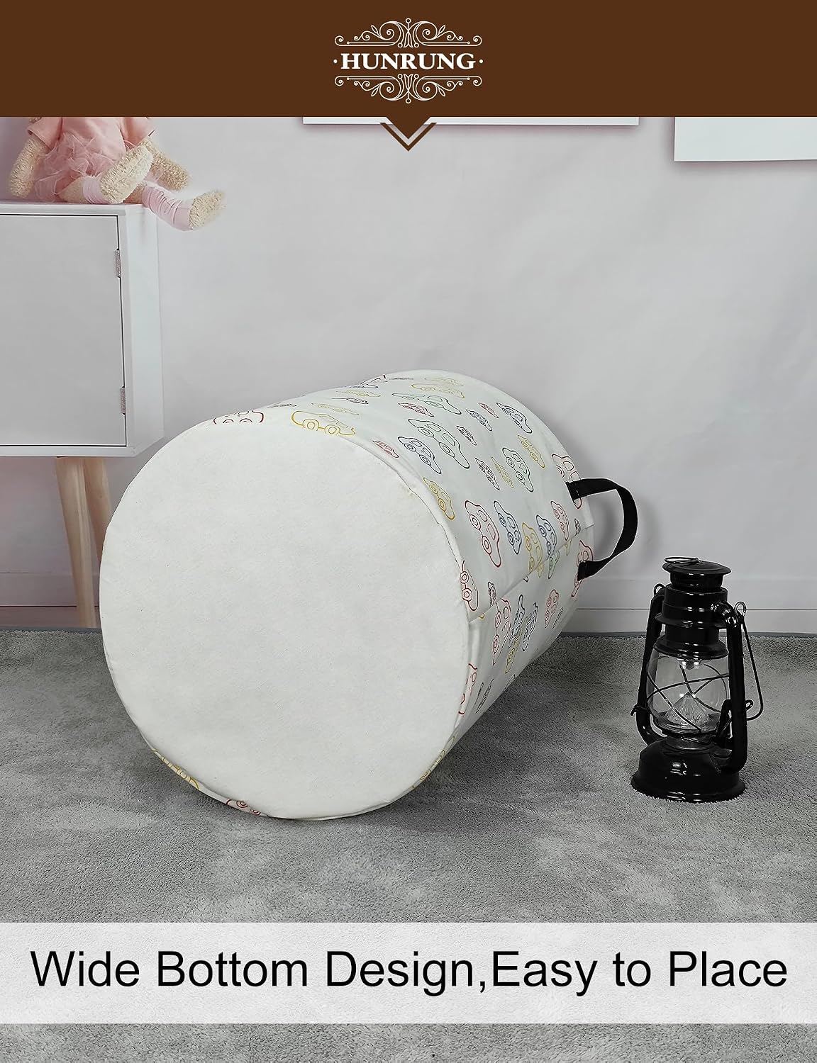 Collapsible Fabric Storage Basket, Waterproof Laundry Hamper with Handles, Round Storage Bin for Clothes, Foldable Organizer for Bedroom Nursery Bathroom(Colorful Car)