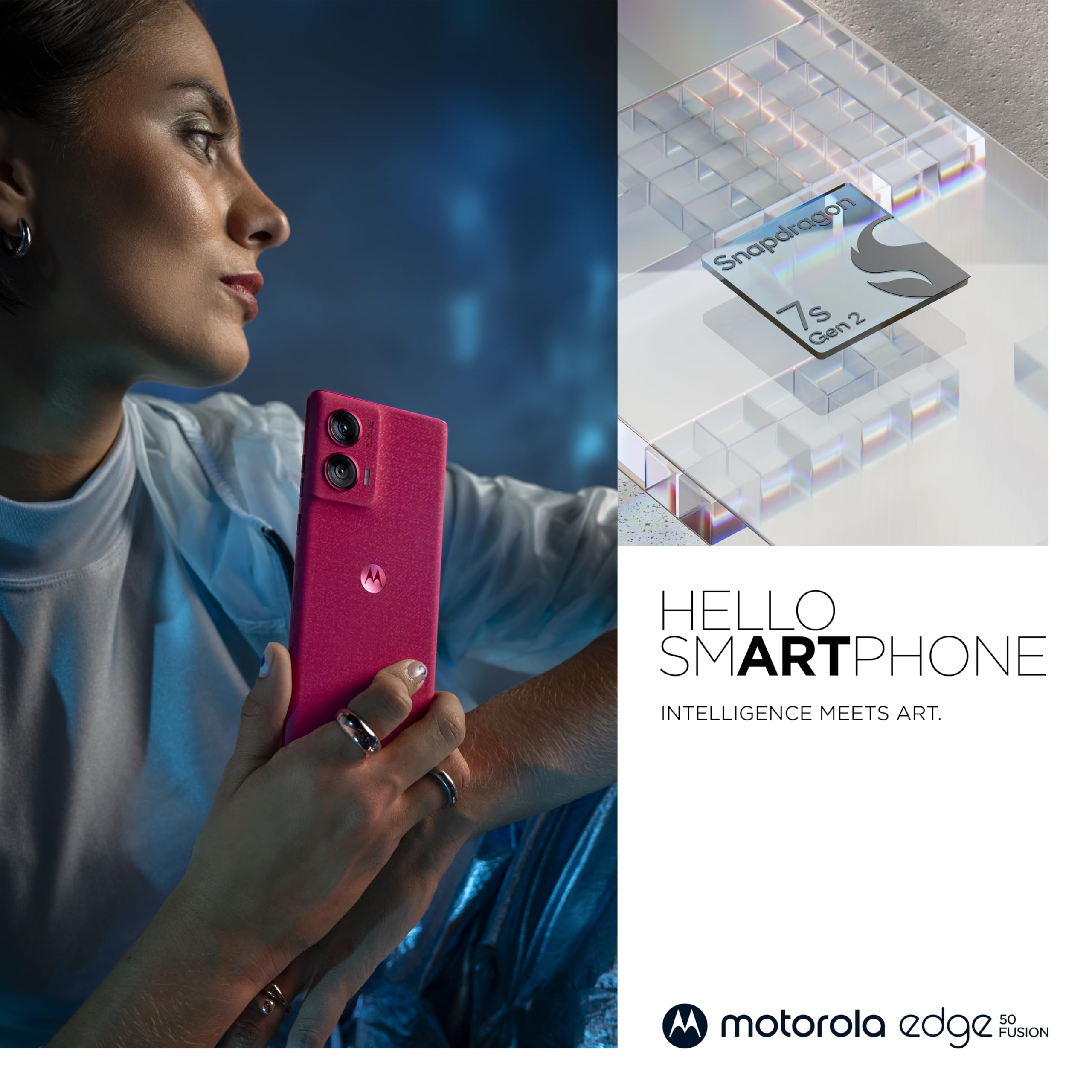 Motorola Moto Edge50 Fusion smartfon (6,7''-FHD+-pOLED-wyświetlacz, aparat 50 MP, 8/256 GB, 5000 mAh, w zestawie 68W ładowarka, Android 14) Hot Pink, w zestawie osłona ochronna+uchwyt na telefon