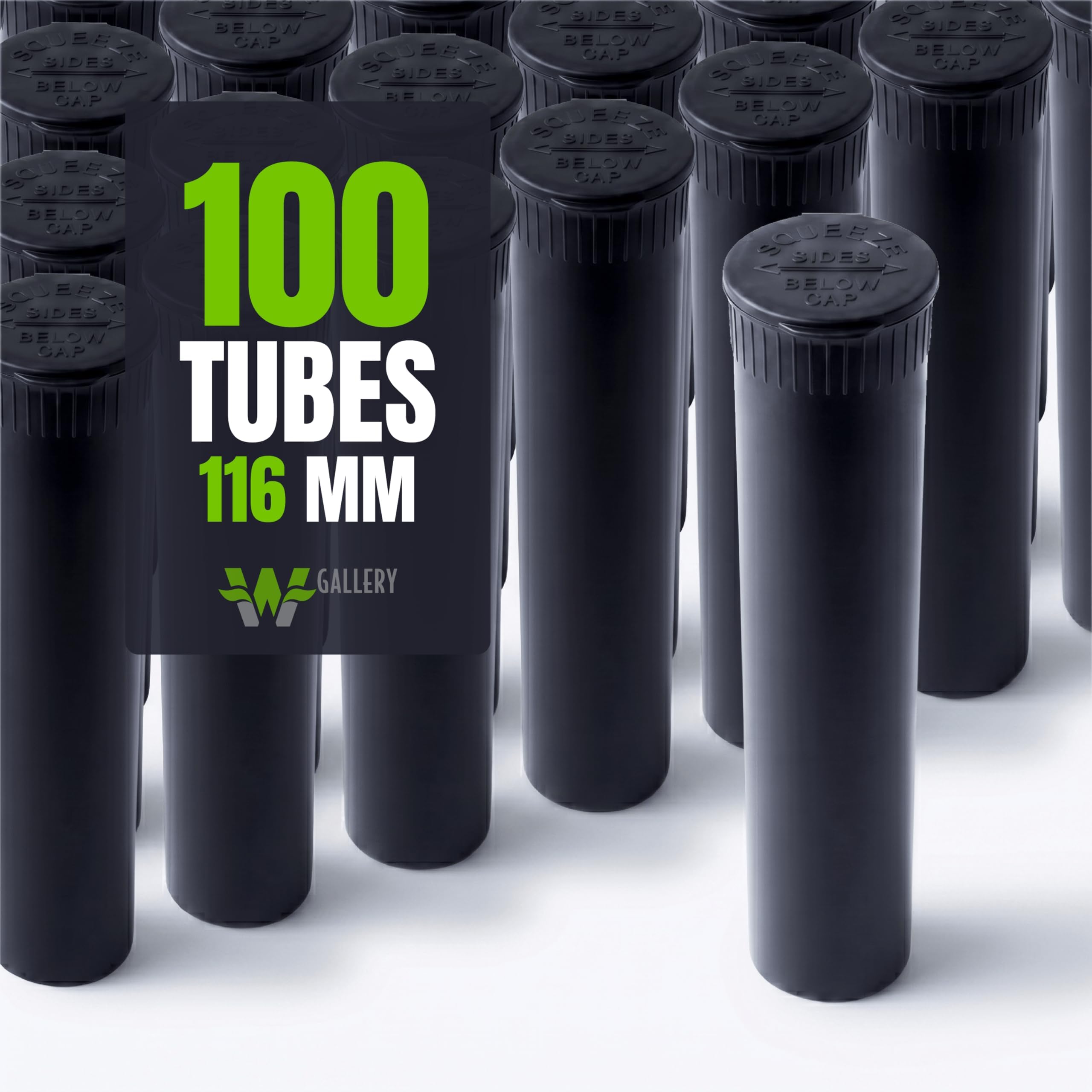 100 Black 116mm Open Cap Pop Top Tubes - Airtight Smell Proof Containers - Plastic Medical Grade Prescription Bottles for Pills Herbs Flowers Supplements, Bulk Pack, Not Glass Jars