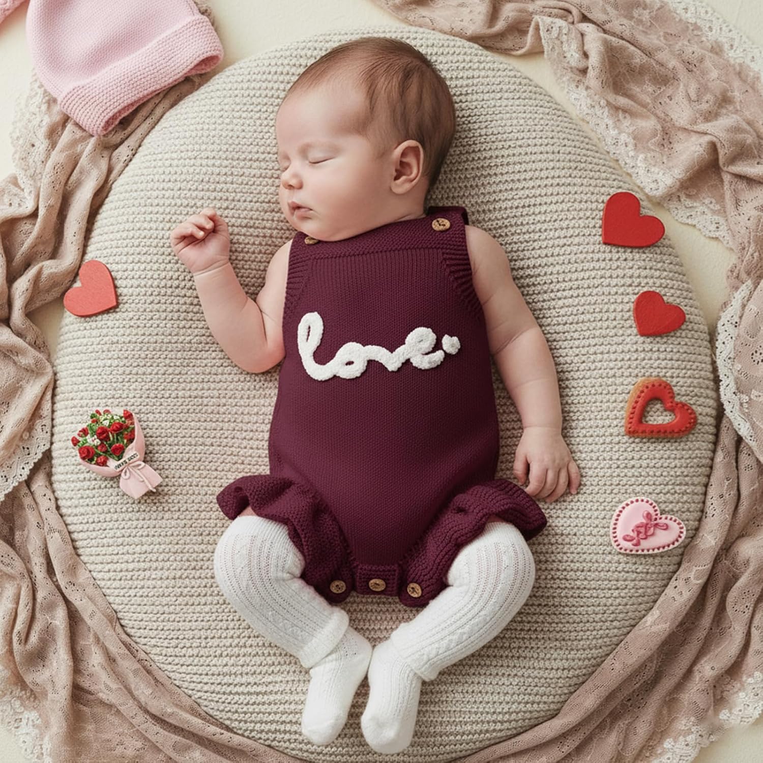 Newborn Baby Girl Valentines Day Outfit Love Embroidery Knit Ruffle Bubble Romper Knitted Sweater Overalls Bodysuit - Image 3